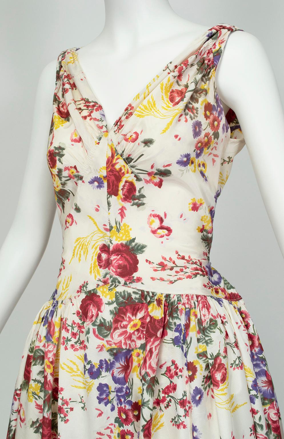 Women's Sleeveless Floral Sweetheart Patio Gown Sundress with Full Skirt – XXS, 1930s