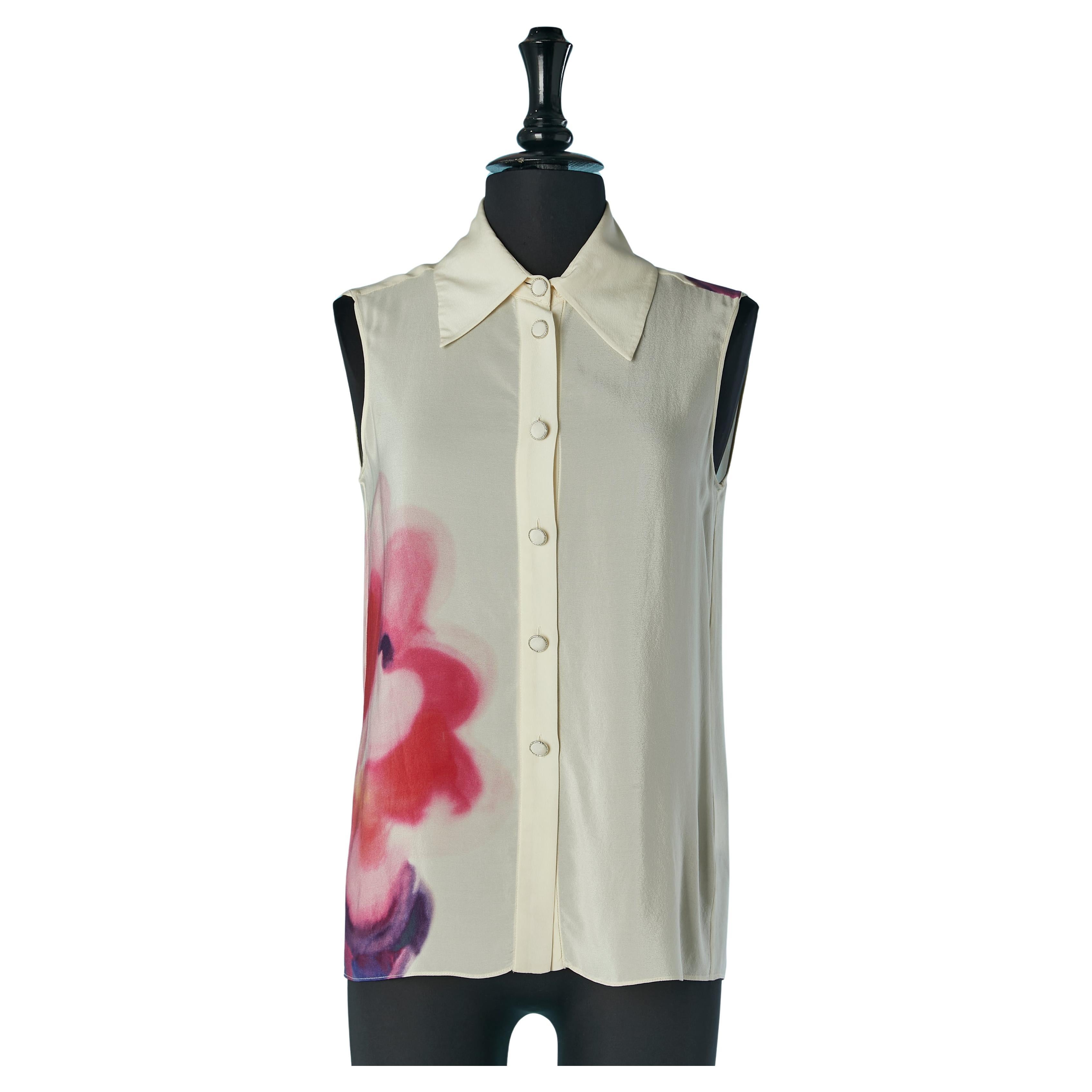 Camicia senza maniche in seta color avorio con stampa laterale Chanel