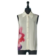 Camicia senza maniche in seta color avorio con stampa laterale Chanel