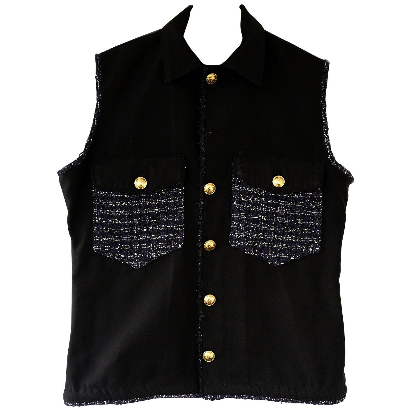 Sleeveless Vest Jacket Gold Buttons Black Lurex Tweed J Dauphin