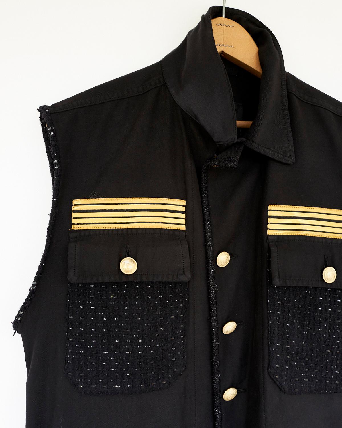 Women's Sleeveless Vest Jacket Military Black Tweed Gold Button J Dauphin