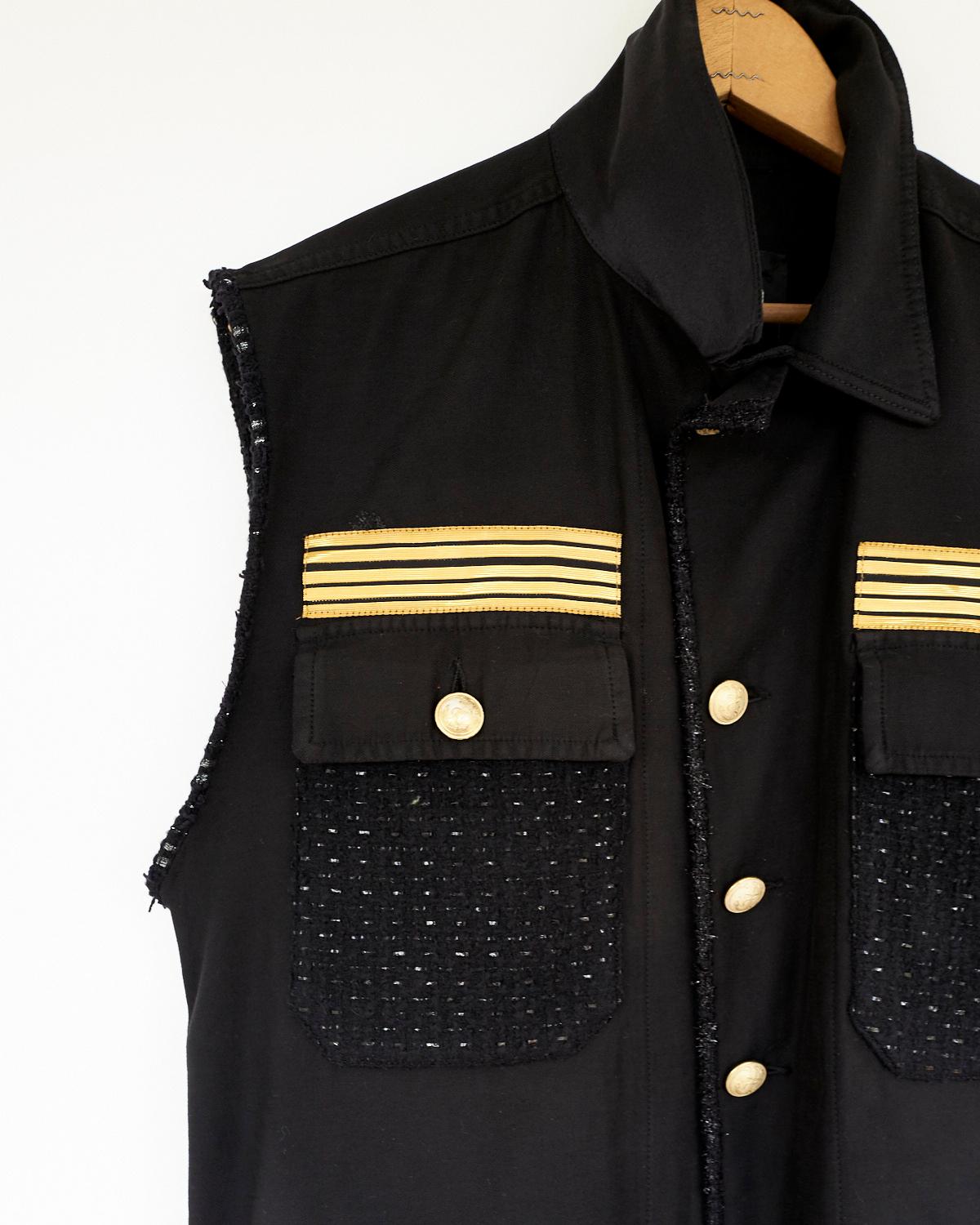 Sleeveless Vest Jacket Military Black Tweed Gold Button J Dauphin 1