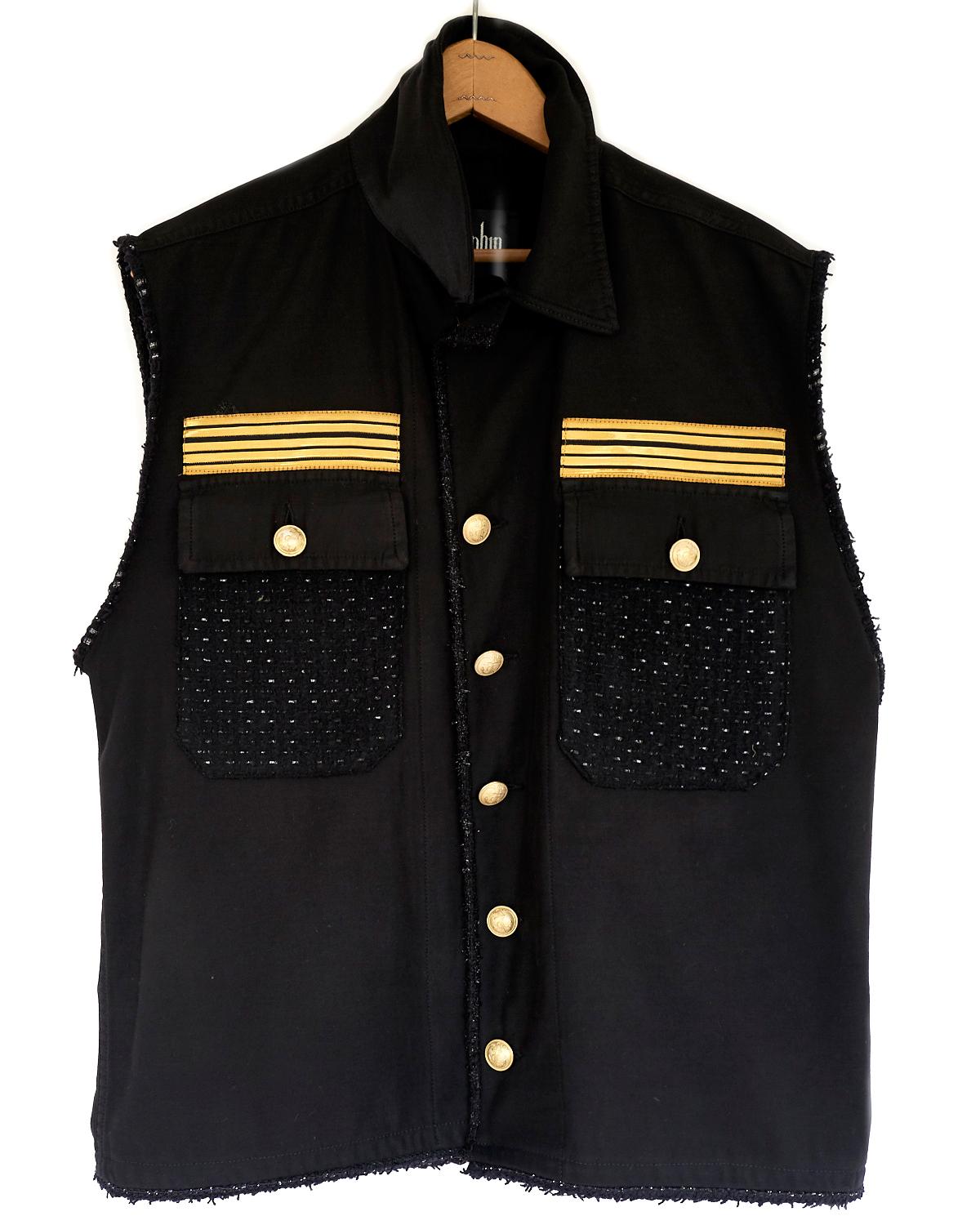 Sleeveless Vest Jacket Military Black Tweed Gold Button J Dauphin 2