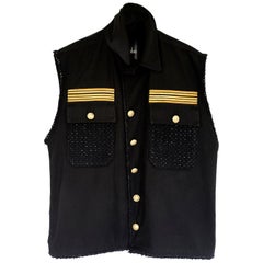 Sleeveless Vest Jacket Military Black Tweed Gold Button J Dauphin