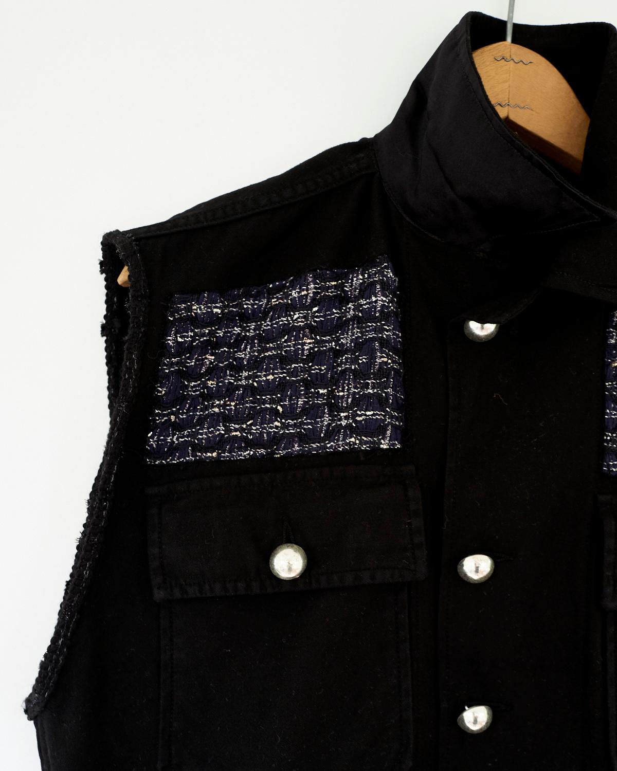 Sleeveless Jacket Black Military Cotton Darkblue Lurex Silver Tweed Silk Up-cycled J Dauphin
Sustainable Luxury, Collectible Vintage Repurposed

Our one of a kind, zero waste, up-cycled jackets are made from vintage, natural fibers, military