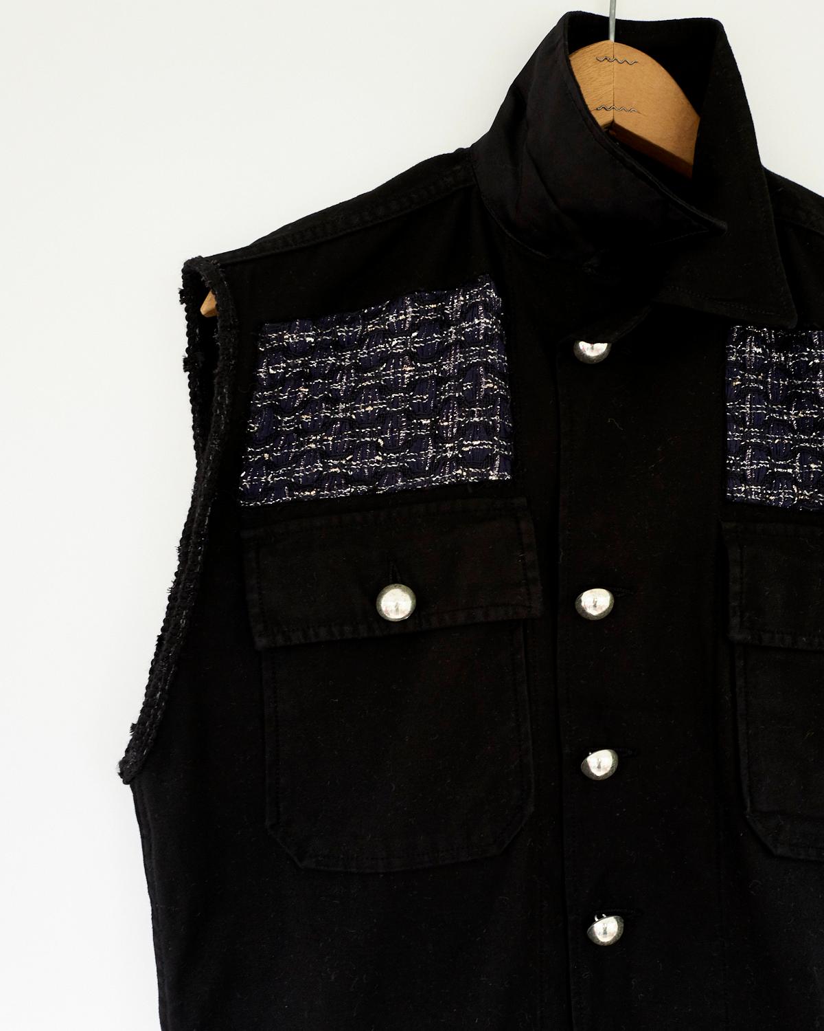 Embellished Sleeveless Jacket Vest Silver Button Military Black Tweed J Dauphin In New Condition In Los Angeles, CA