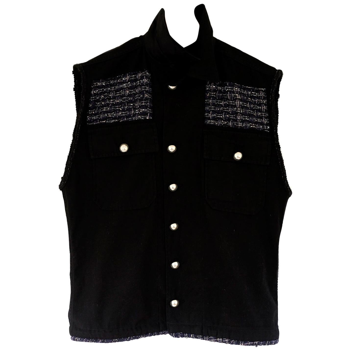 Embellished Sleeveless Jacket Vest Silver Button Military Black Tweed J Dauphin