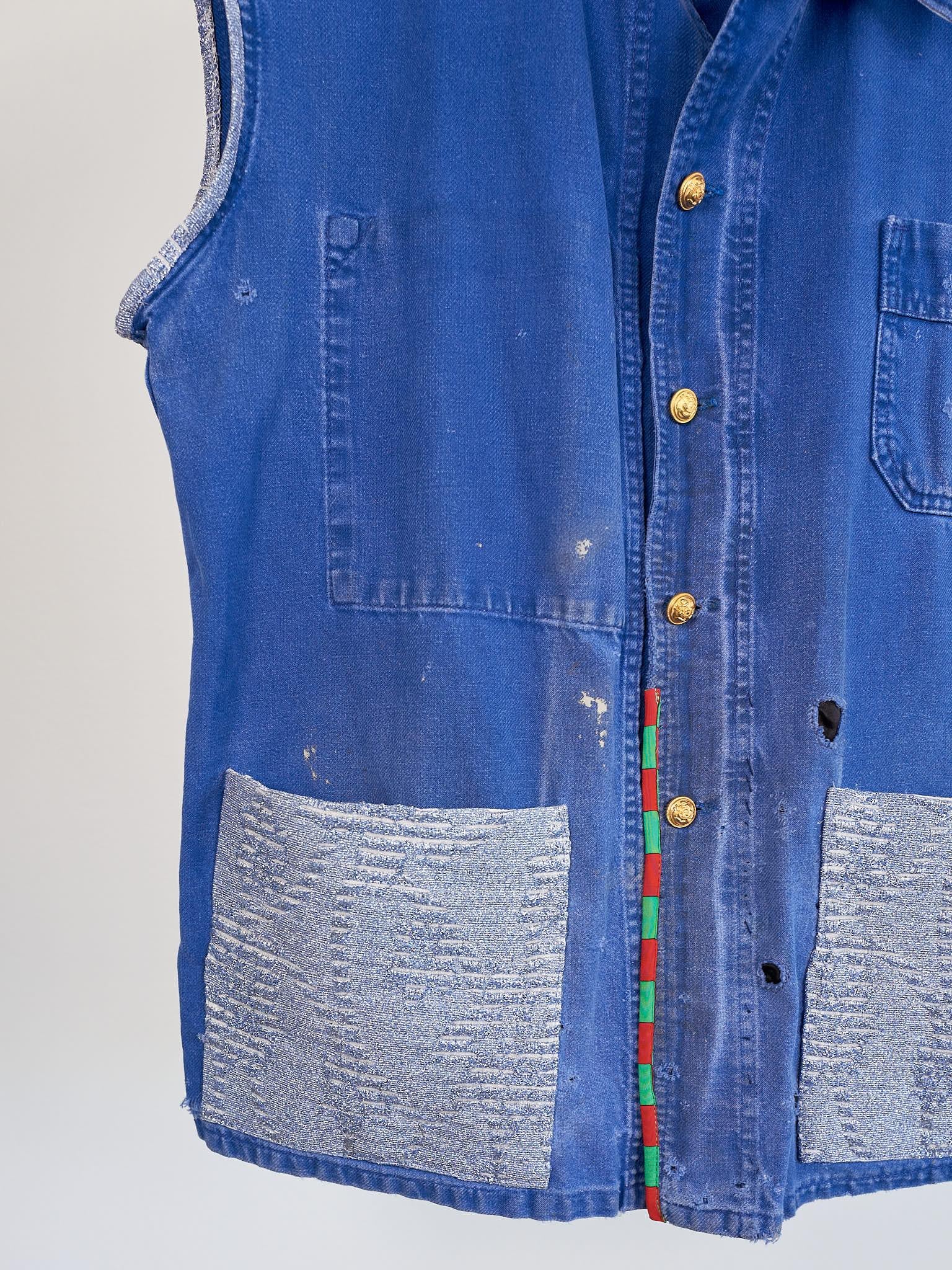 Women's Sleeveless Jacket  Blue French Work Vest Repurposed Vintage Glitter Large