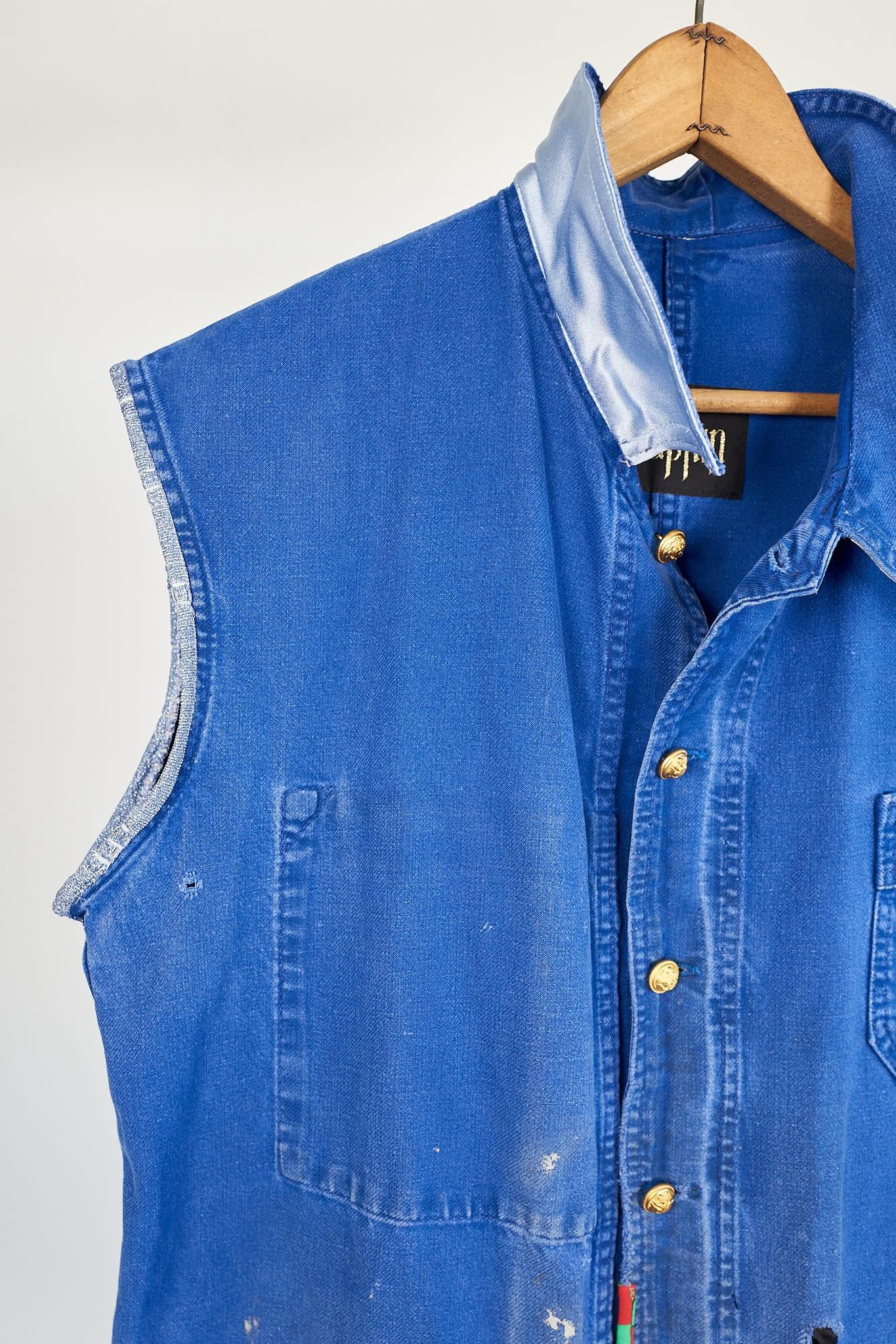 Sleeveless Jacket  Blue French Work Vest Repurposed Vintage Glitter Large 1