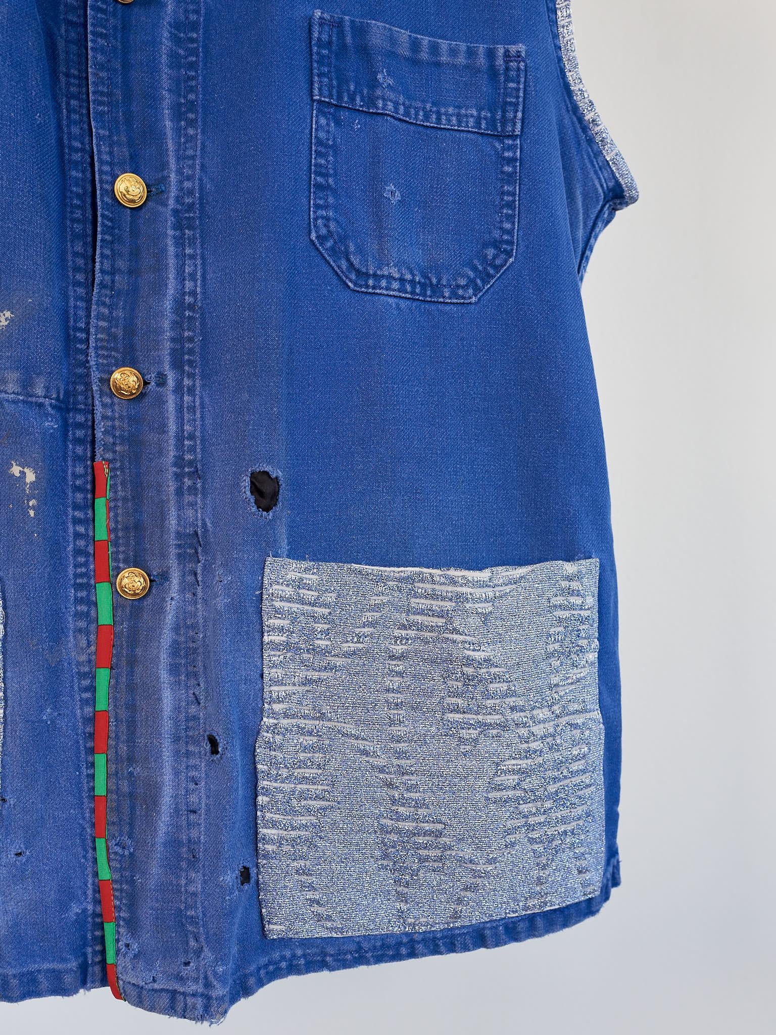 Sleeveless Jacket  Blue French Work Vest Repurposed Vintage Glitter Large 2