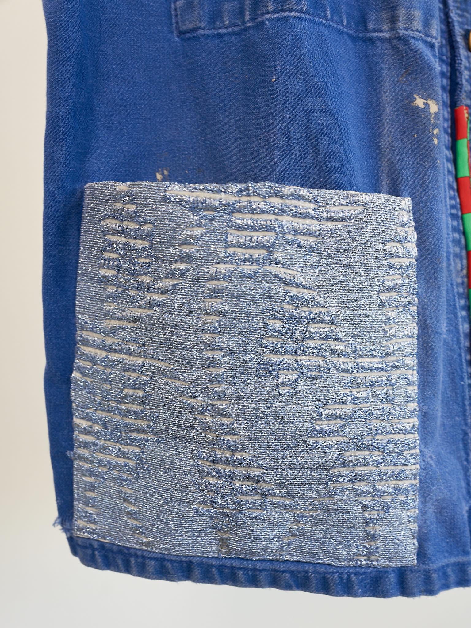 Sleeveless Jacket  Blue French Work Vest Repurposed Vintage Glitter Large 3