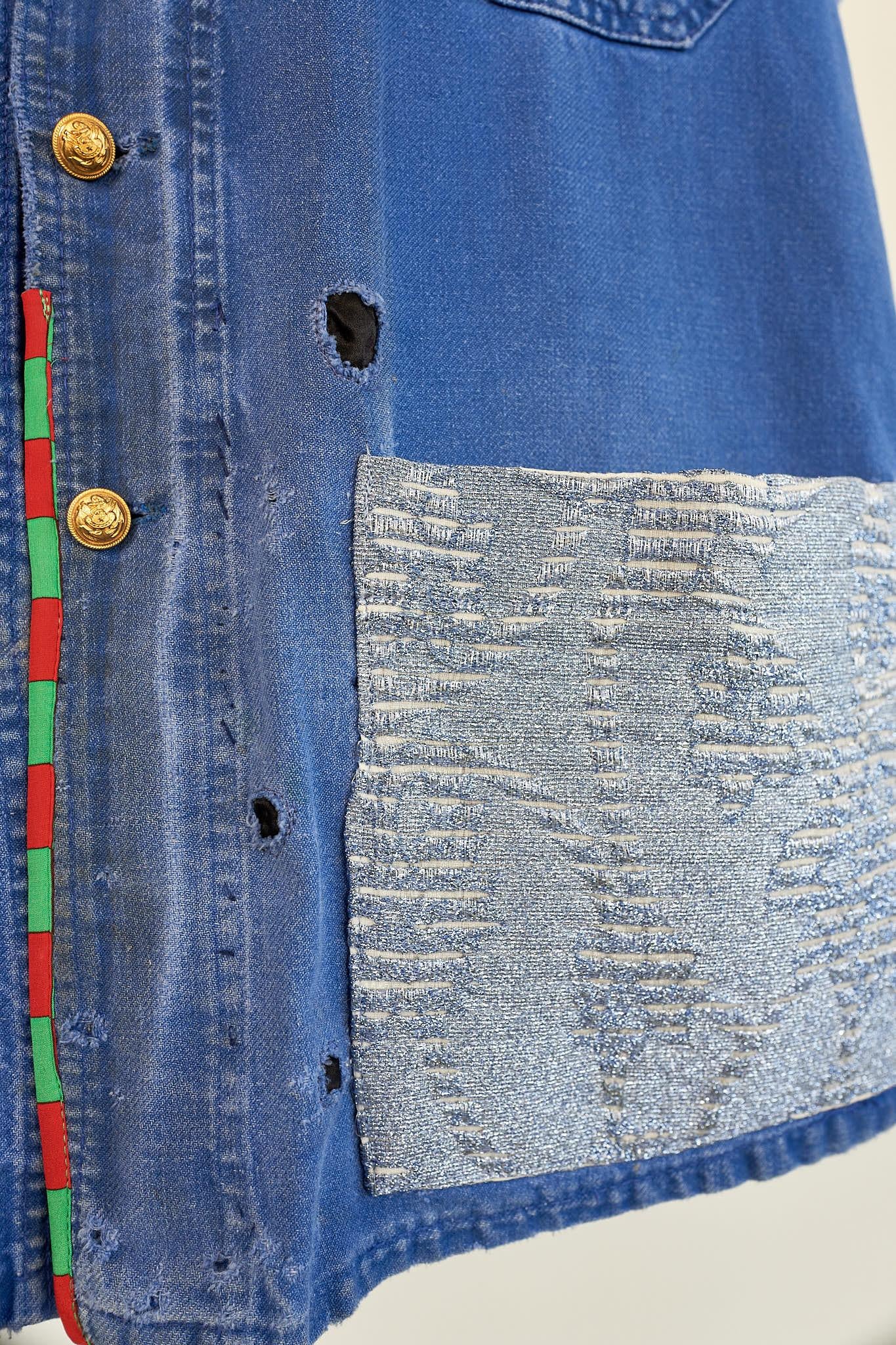 Sleeveless Jacket  Blue French Work Vest Repurposed Vintage Glitter Large 4