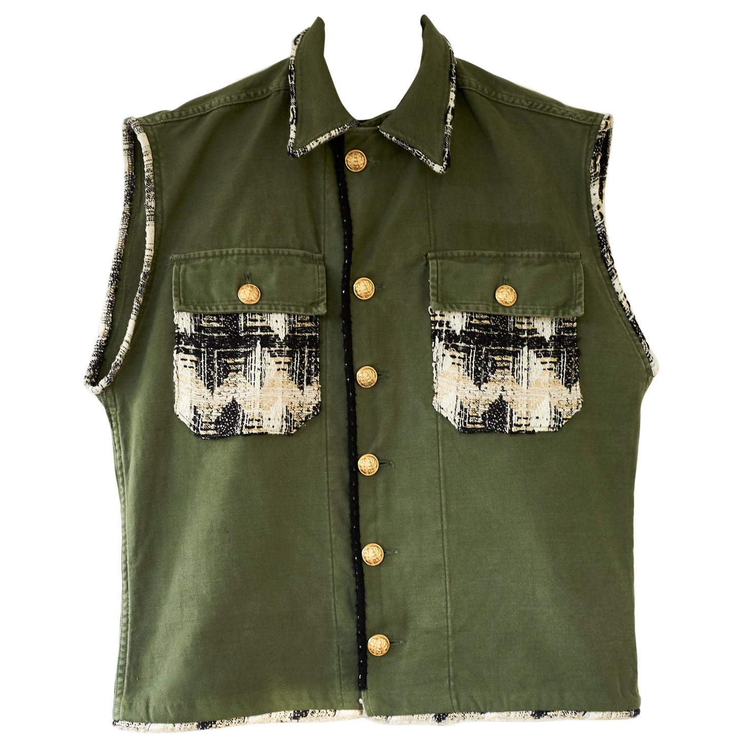 Vest Sleeveless Jacket Green Military  French Tweed Embellished J Dauphin

Repurposed and Embellished Sleeveless Jacket Vest Green Military with Original WW2 Gold Buttons from France and Trim of French Black Beige Gold Lurex Tweed 
J