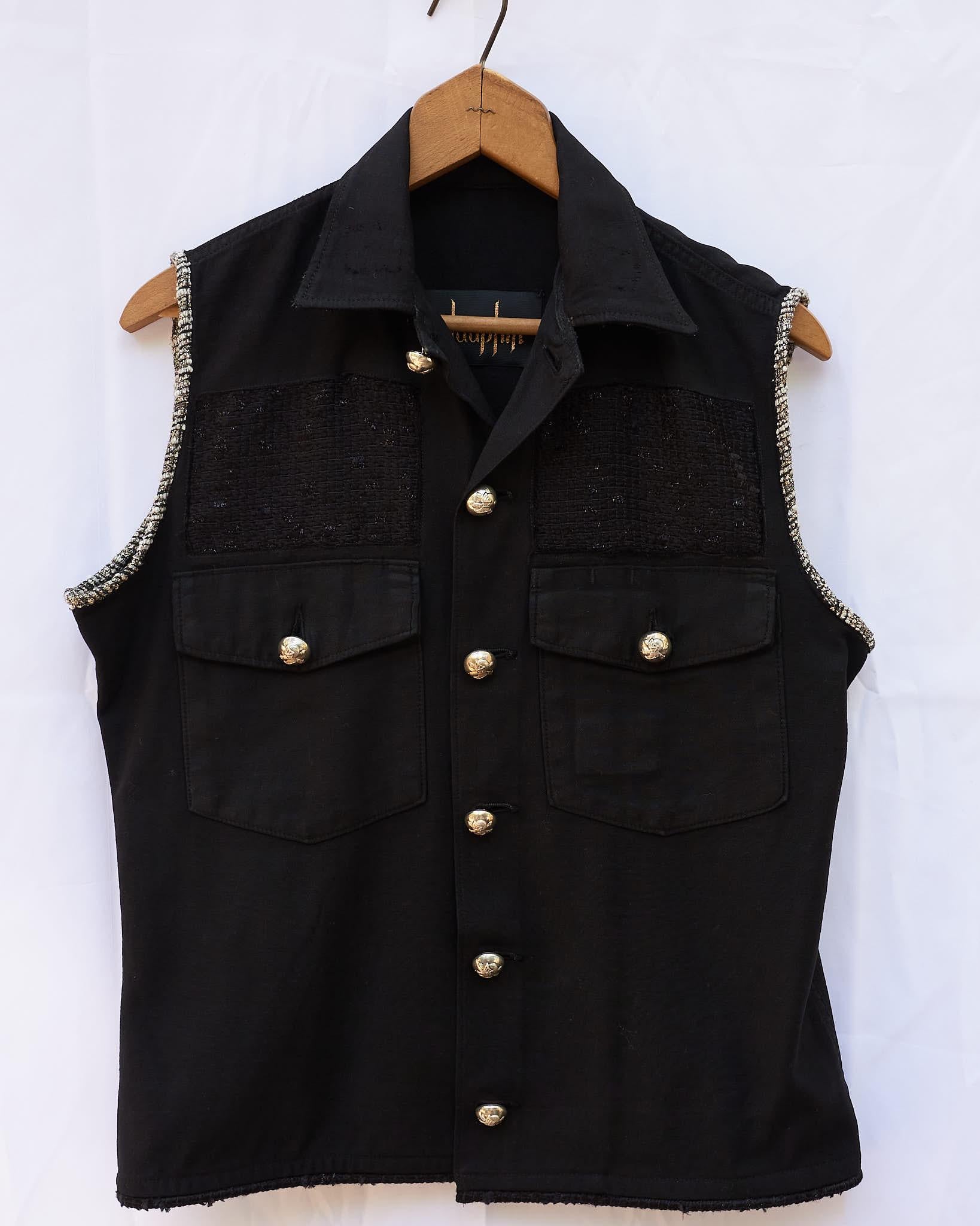 Sleeveless Jacket Vest Military Embellished Black Tweed Silver Buttons J Dauphin In New Condition In Los Angeles, CA