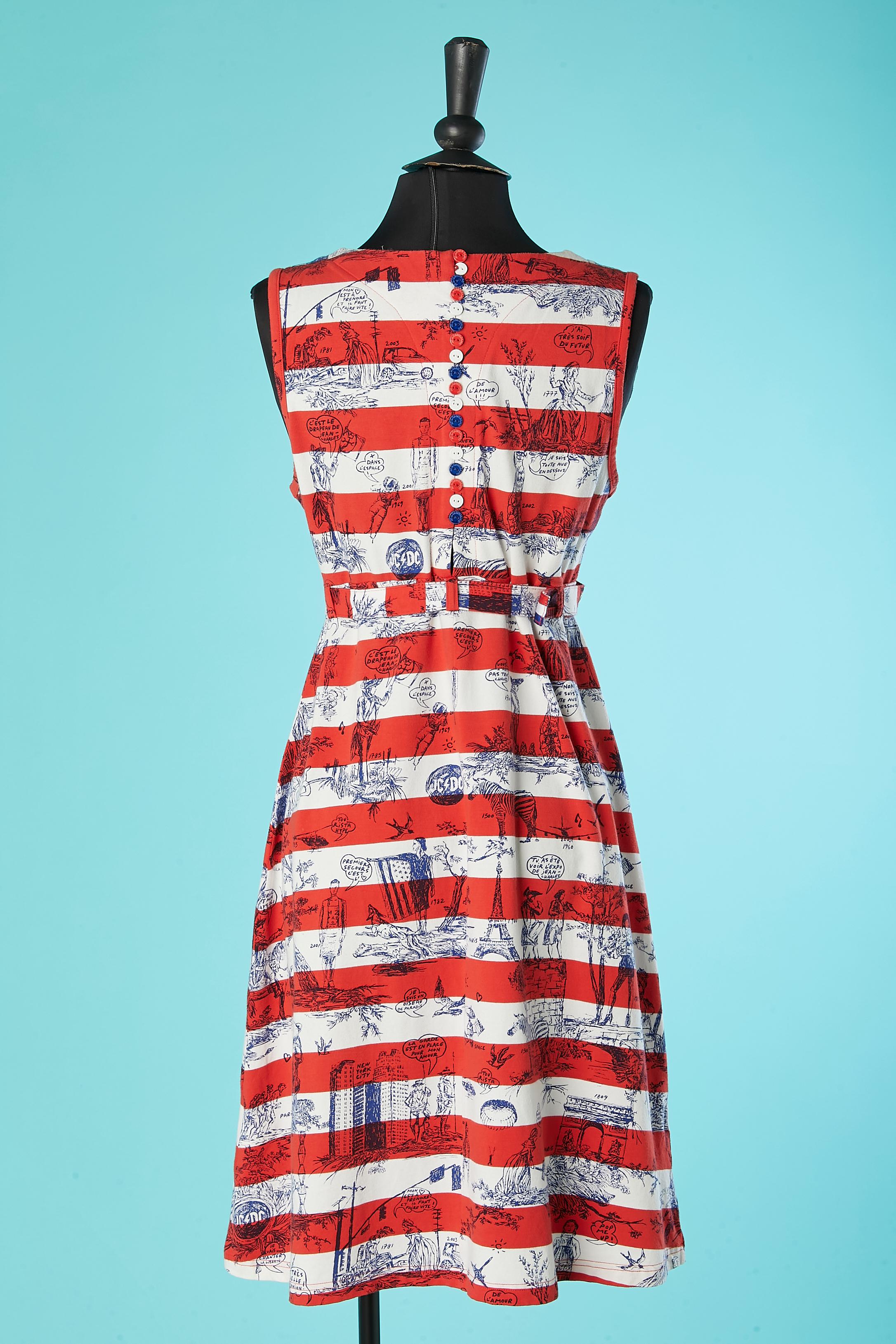 Sleeveless jersey dress with drawing and French flag belt JC de Castelbajac For Sale 3