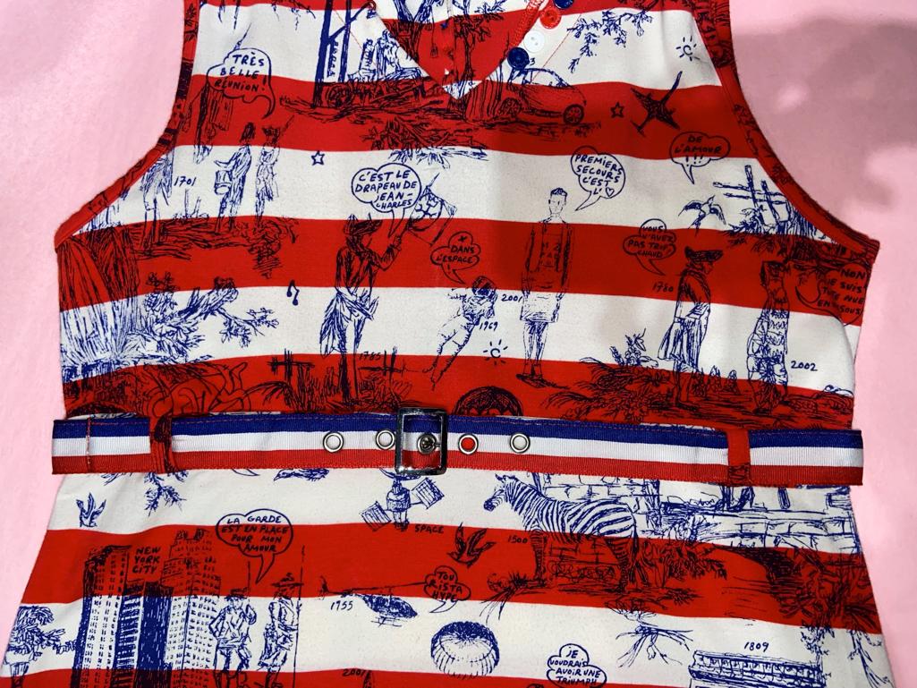 Sleeveless jersey dress with drawing and French flag belt JC de Castelbajac For Sale 5