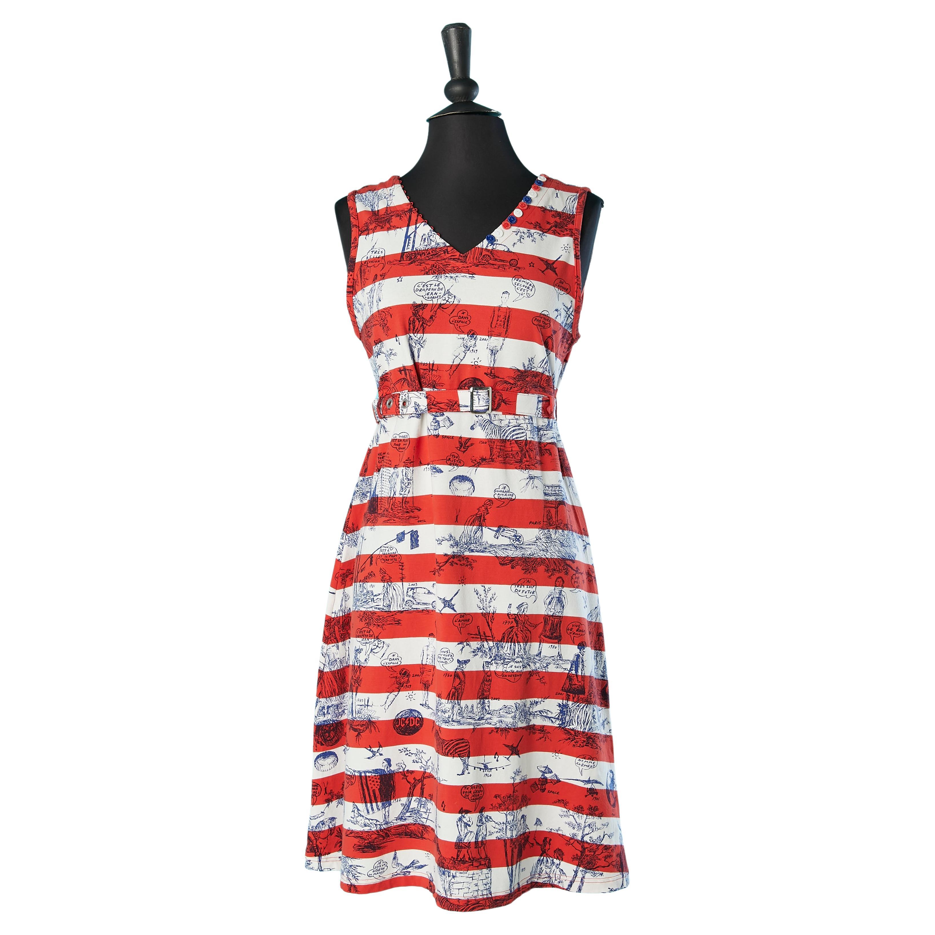 Sleeveless jersey dress with drawing and French flag belt JC de Castelbajac For Sale