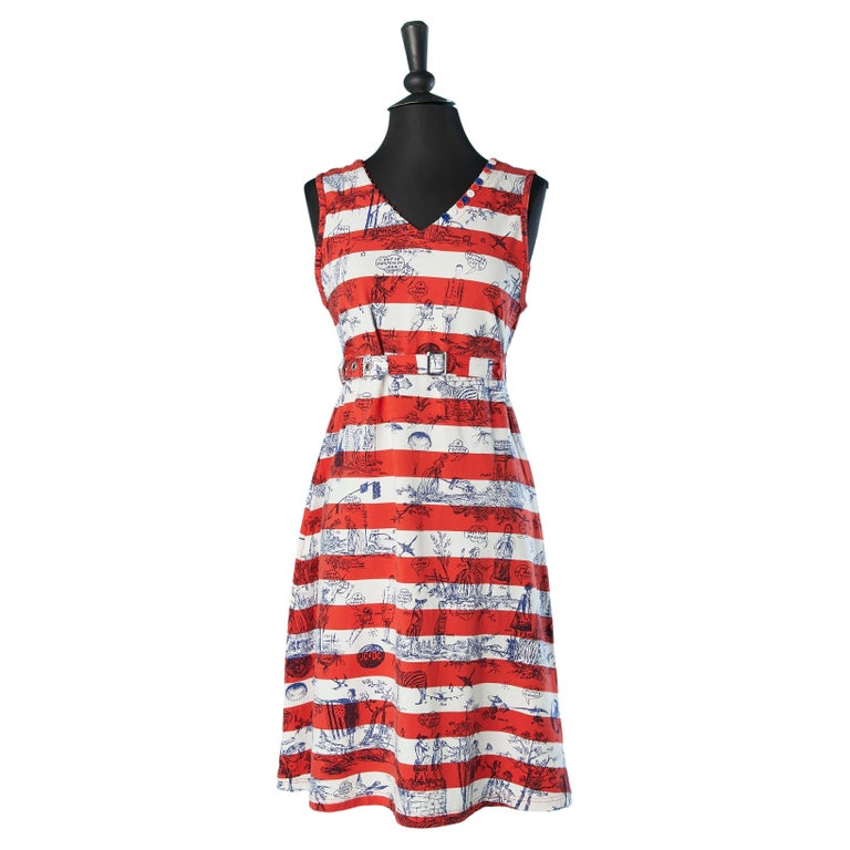 Sleeveless jersey dress with drawing and French flag belt JC de Castelbajac  For Sale at 1stDibs