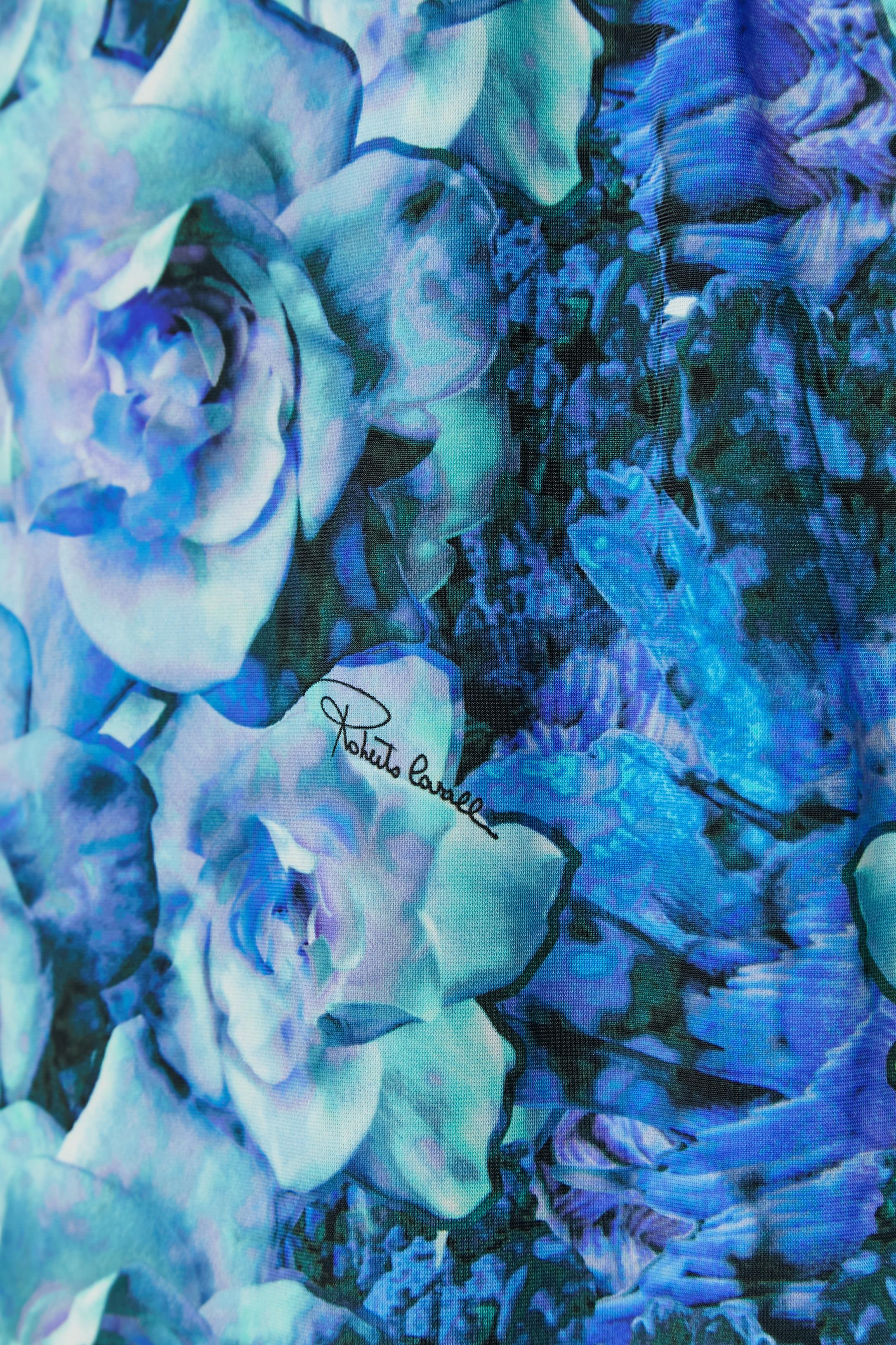 Blue Sleeveless jersey evening dress with blue flower print on Roberto Cavalli For Sale