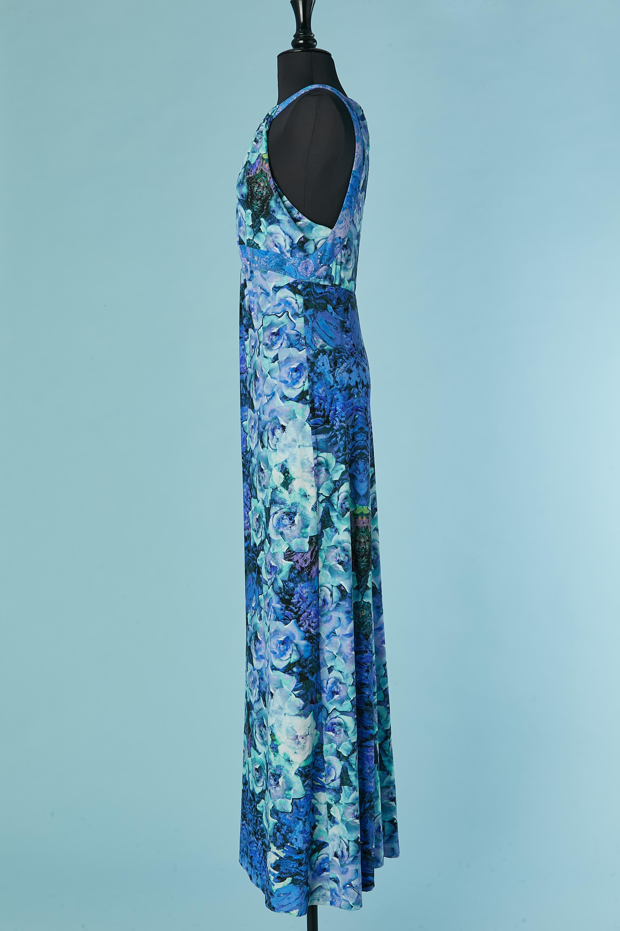 Women's Sleeveless jersey evening dress with blue flower print on Roberto Cavalli For Sale