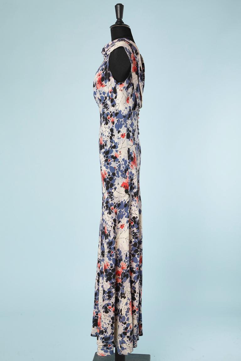 Women's Sleeveless long flower printed dress in crêpe with draped neckline Circa 1930's 