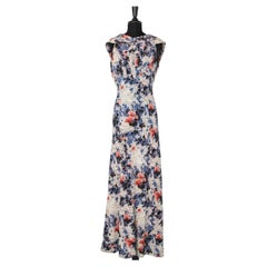 Sleeveless long flower printed dress in crêpe with draped neckline Circa 1930's 