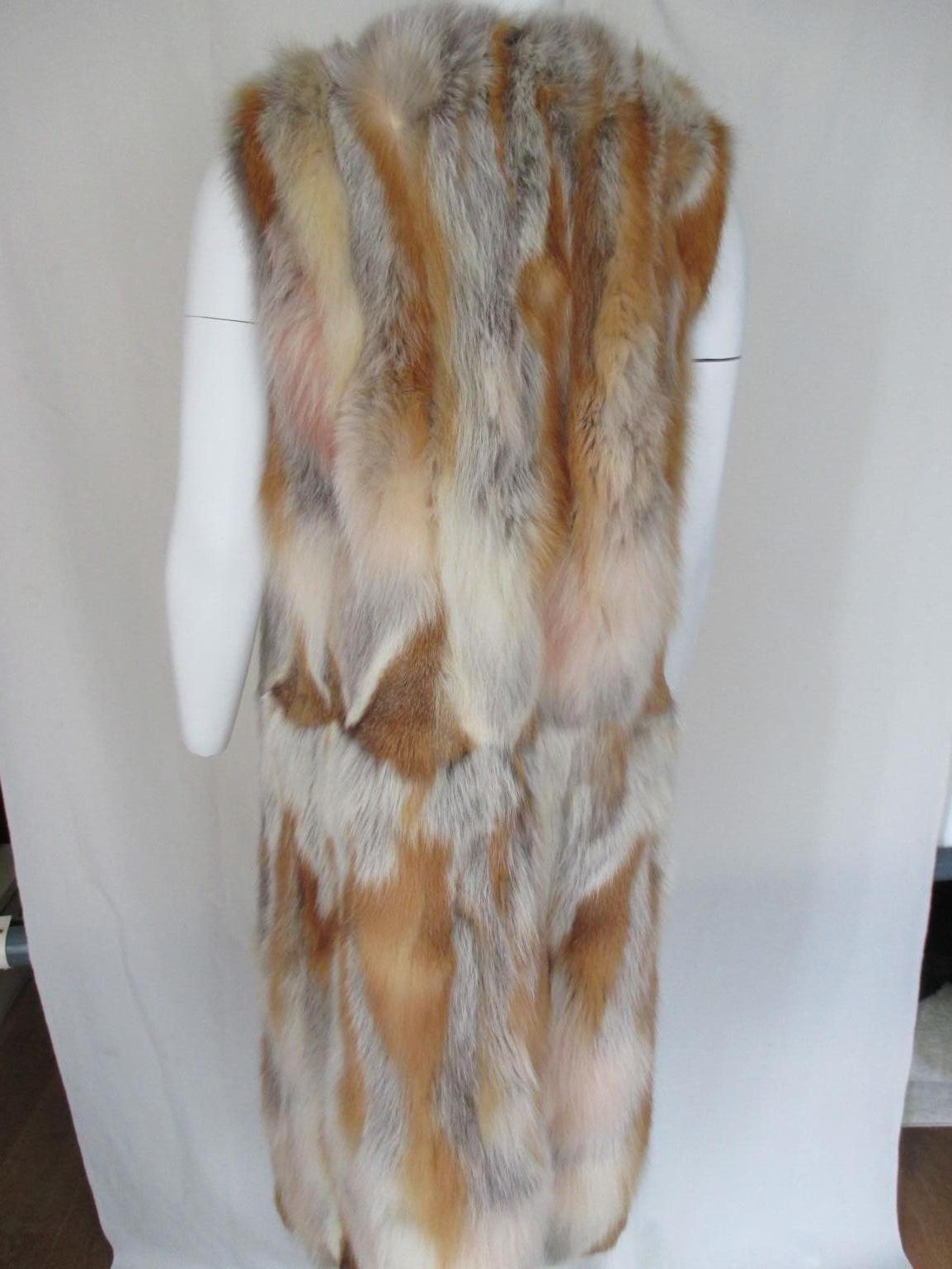 Brown Sleeveless Long Soft Red Fox Fur Reversible Vest