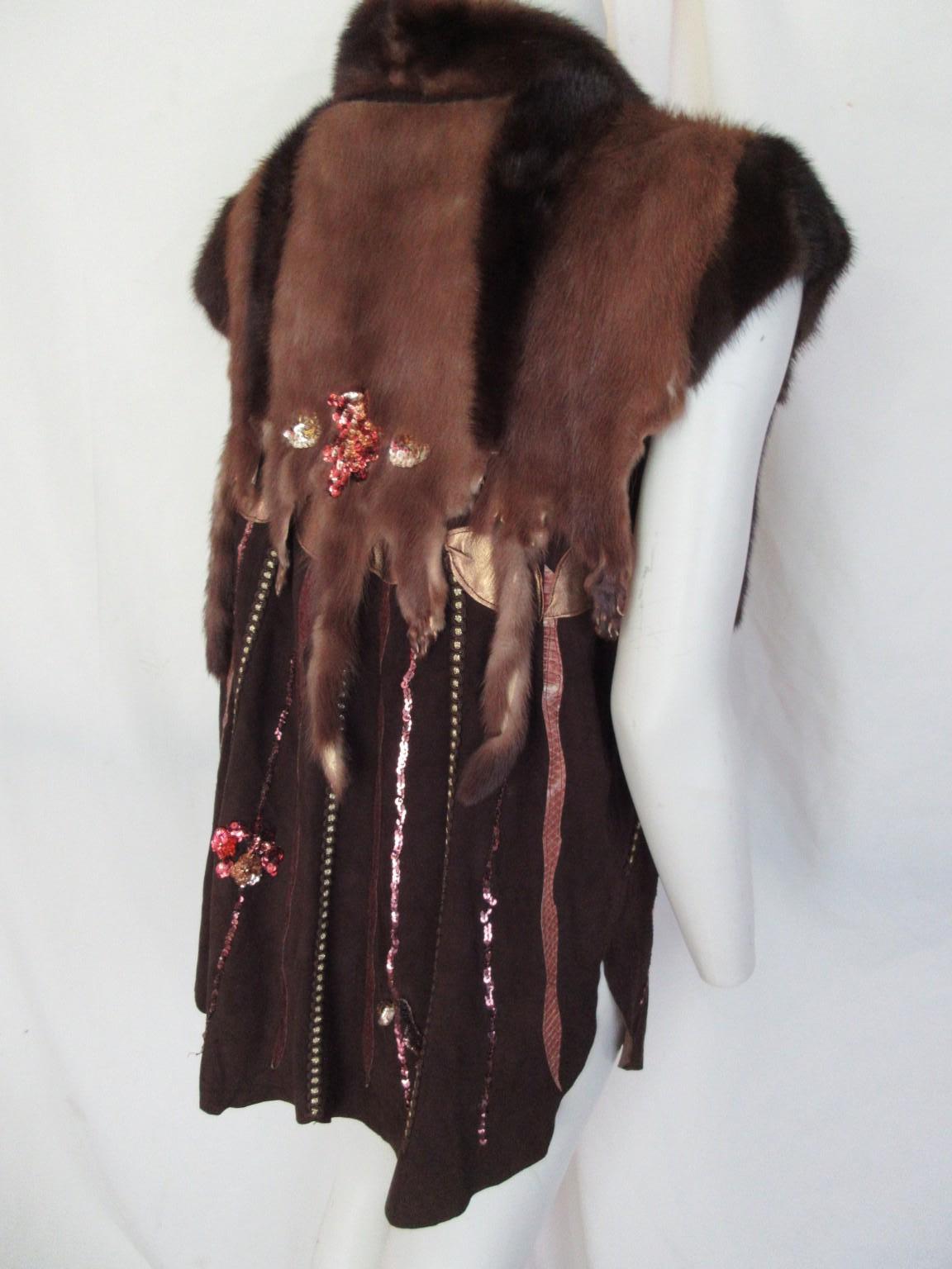 Women's or Men's Sleeveless Mink Fur Suede Leather Vest Fringe For Sale