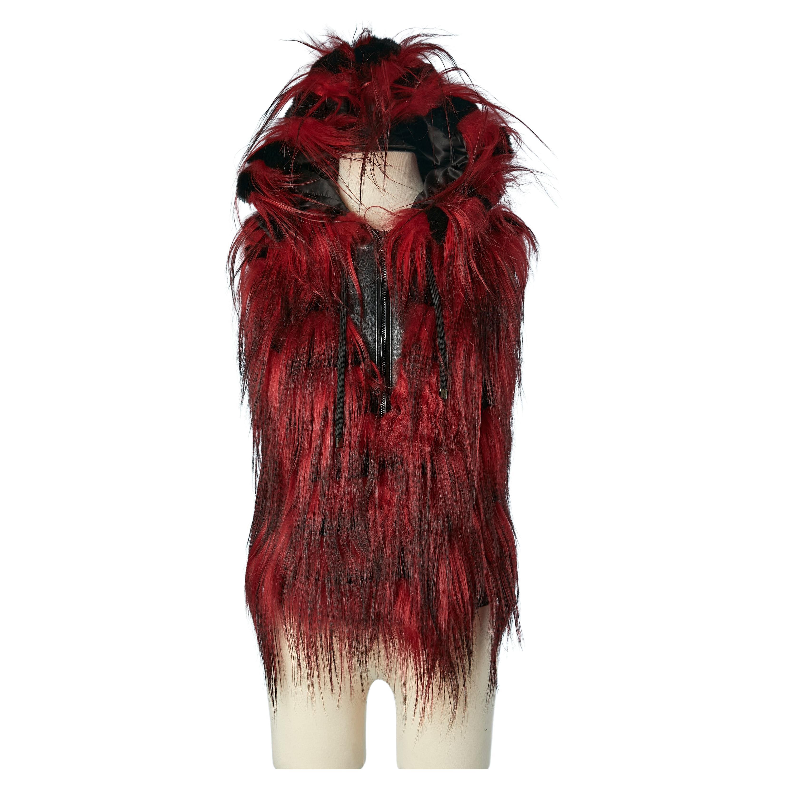 Sleeveless padded jacket in red fur and black leather back John Richmond NEW  For Sale
