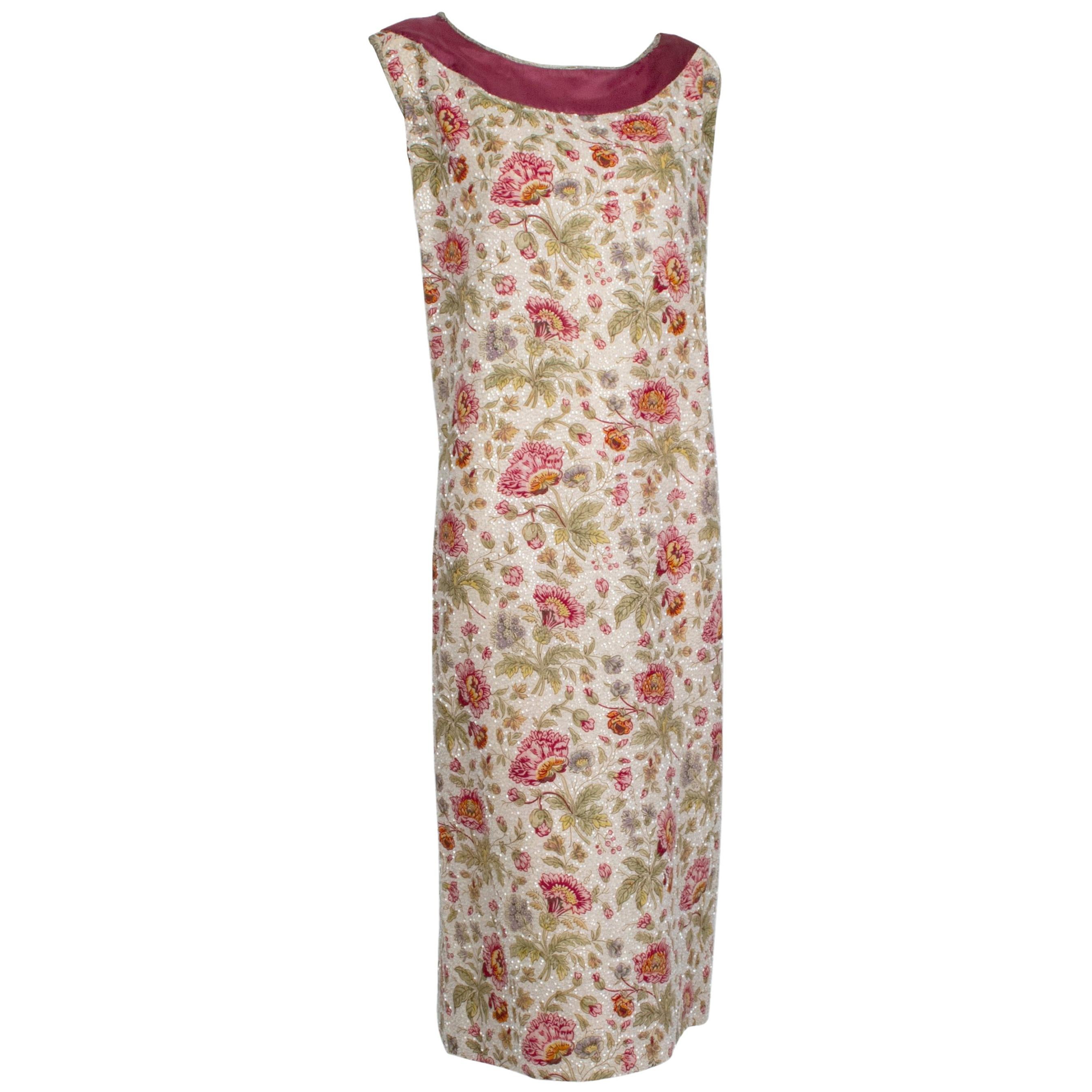 Sleeveless Plum Floral Glass Bead Sack Dress with Gold Piping - M, 1920s For Sale