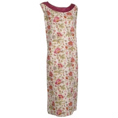 Used Sleeveless Plum Floral Glass Bead Sack Dress with Gold Piping - M, 1920s