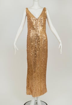 Sleeveless Plunging Goldfinger Sequin Oscar Gown with Scoop Back – M, 1960s