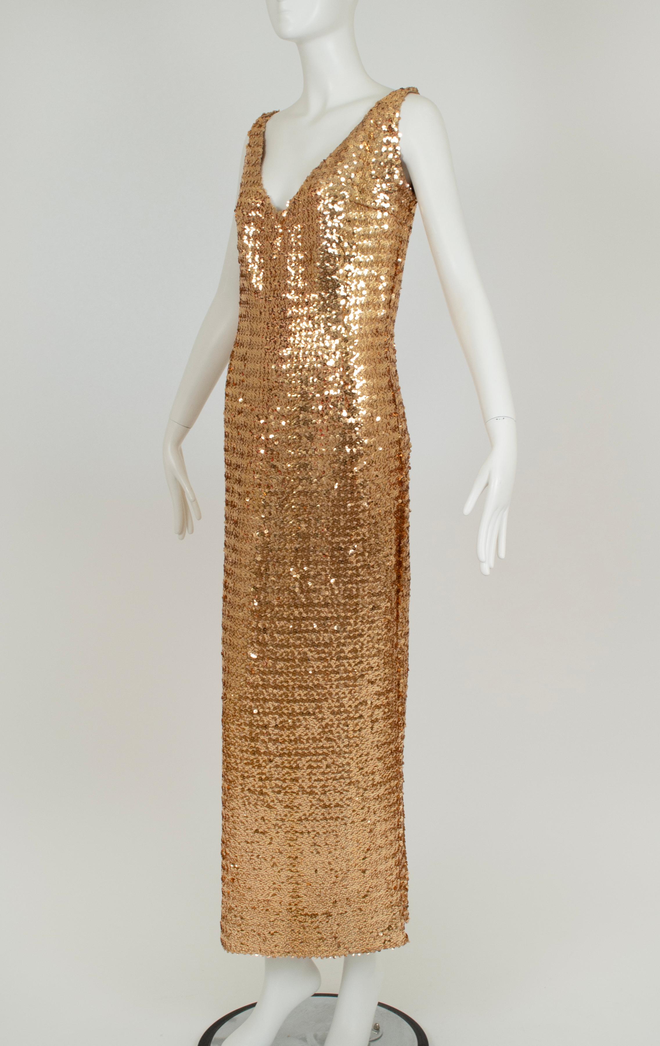 Marron Robe sans manches plongeante à paillettes Goldfinger Oscar avec dos échancré - M, années 1960 en vente