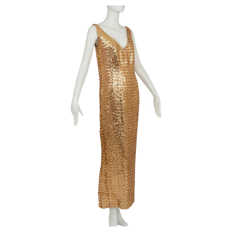 Sleeveless Plunging Goldfinger Sequin Oscar Gown with Scoop Back  M, 1960s  For Sale at 1stDibs