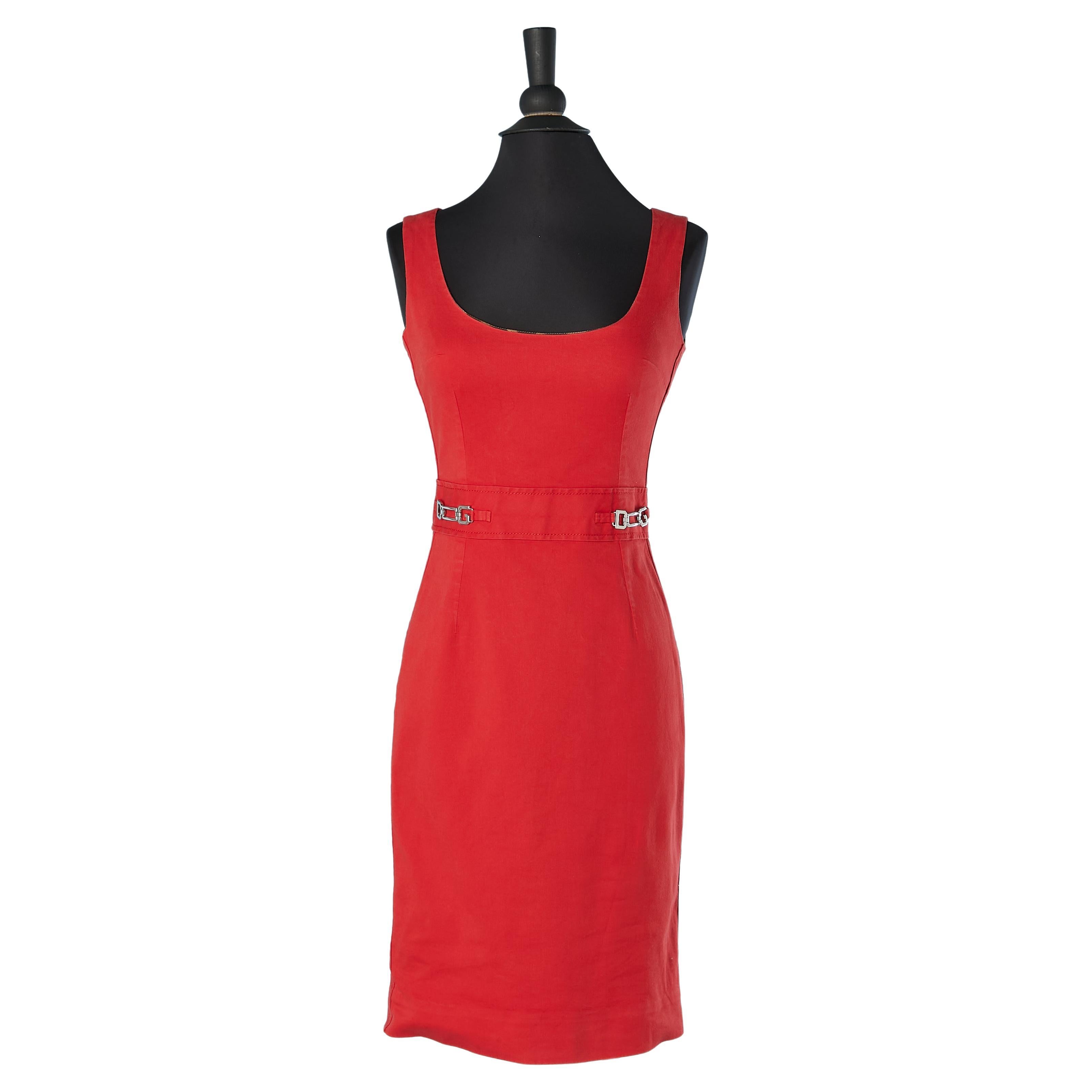 Sleeveless red cotton dress with silver metal brand Dolce & Gabbana