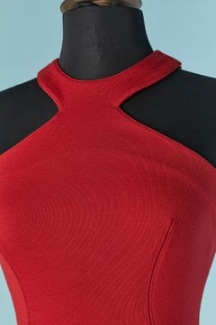 Sleeveless red wool jersey dress with cut-work and godets skirt ALAIA