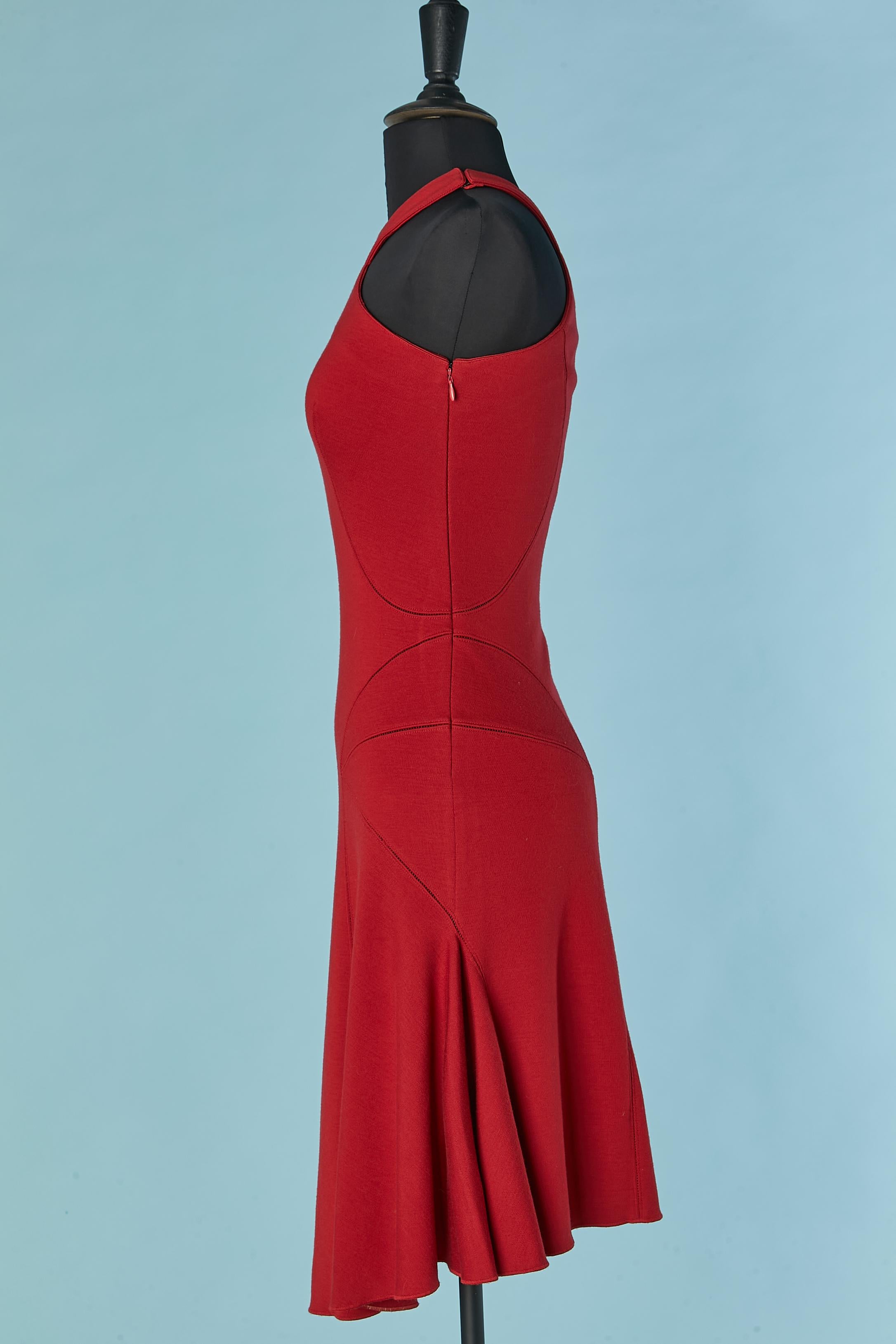 Vestido sin mangas de punto de lana rojo con falda calada y godets ALAIA en venta 1