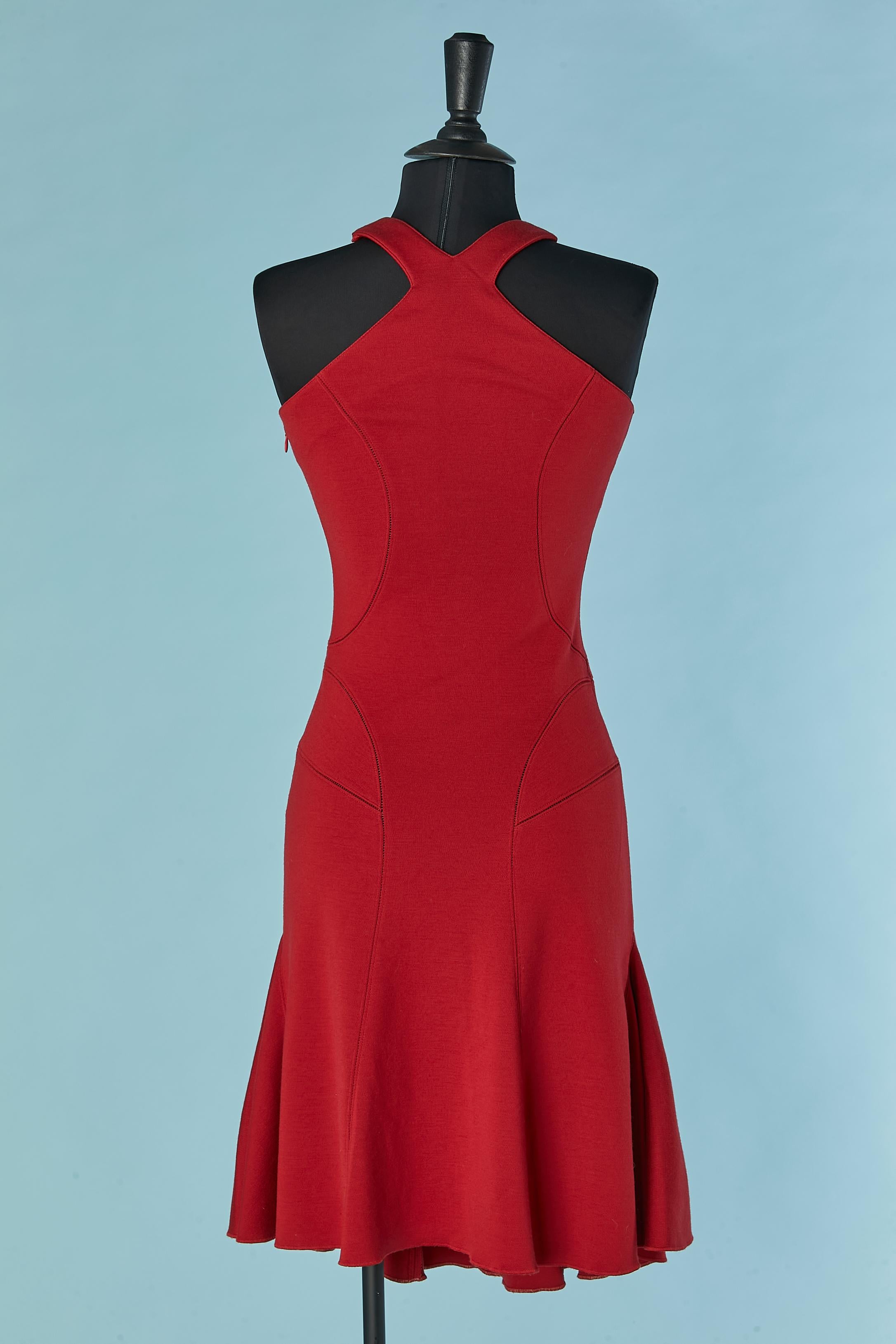 Vestido sin mangas de punto de lana rojo con falda calada y godets ALAIA en venta 2