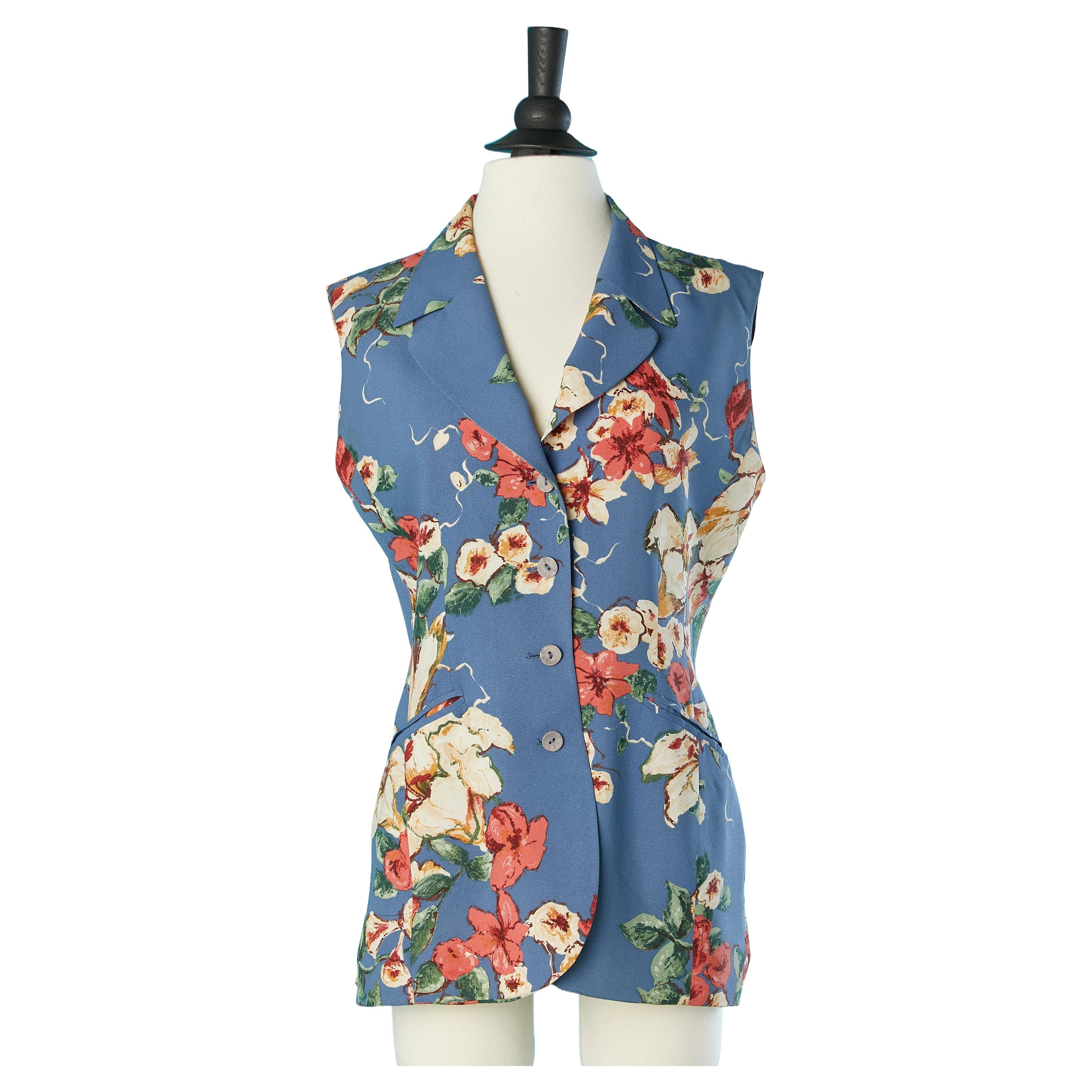 Sleeveless single-breasted jacket in crêpe with flower print Kenzo Jungle  For Sale