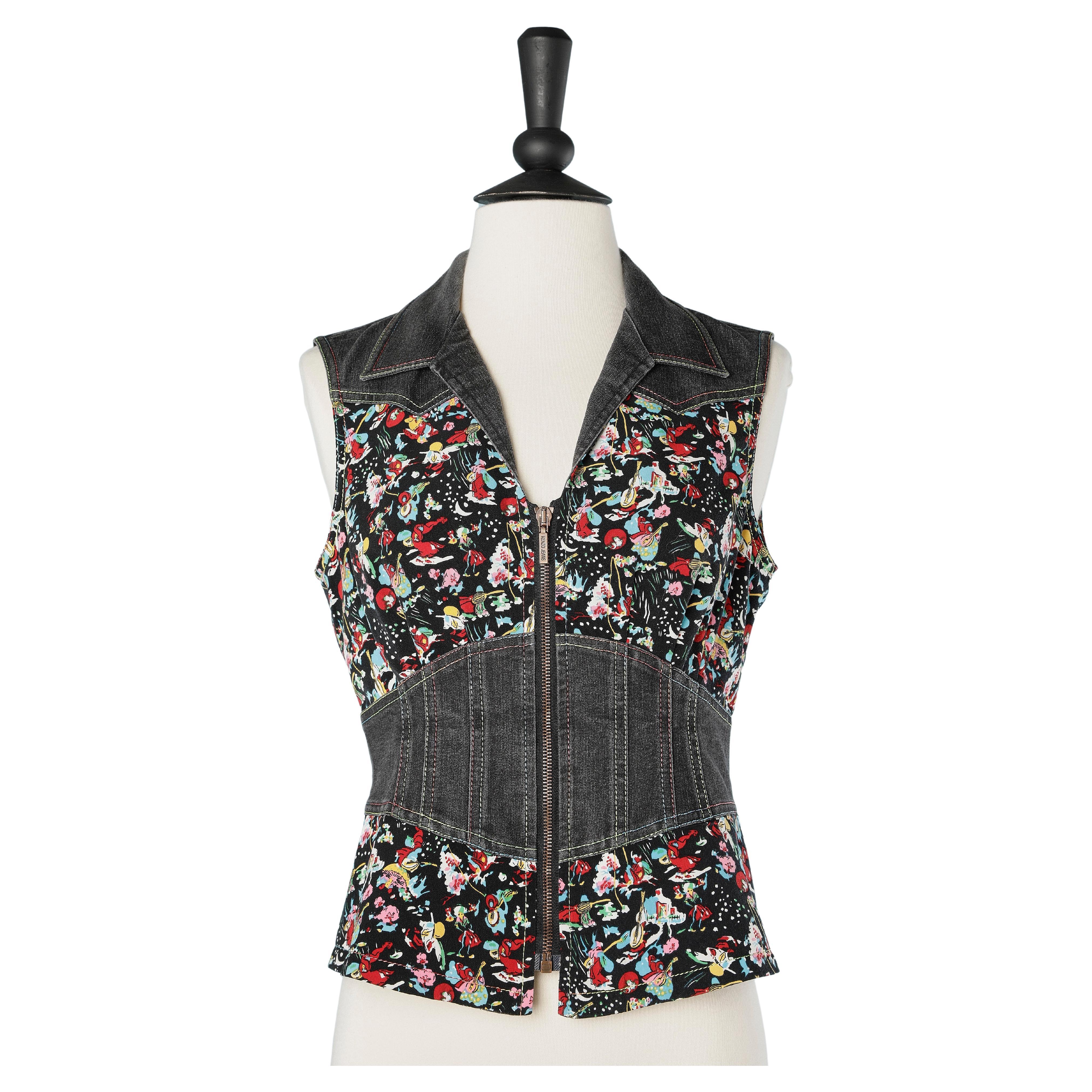 Sleeveless top mix cotton denim and printed fabric with zip KENZO  For Sale
