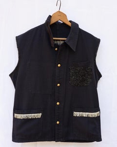 Sleeveless Vest Jacket Black French Work Wear Fringe Embellished J Dauphin
