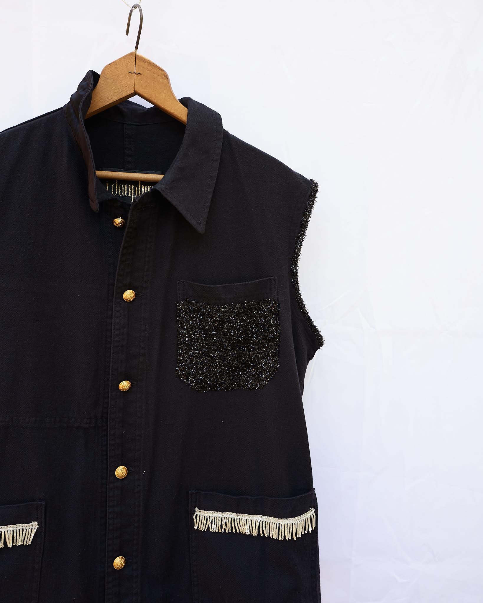 Sleeveless Vest Jacket Black French Work Wear Fringe Embellished J Dauphin In New Condition In Los Angeles, CA