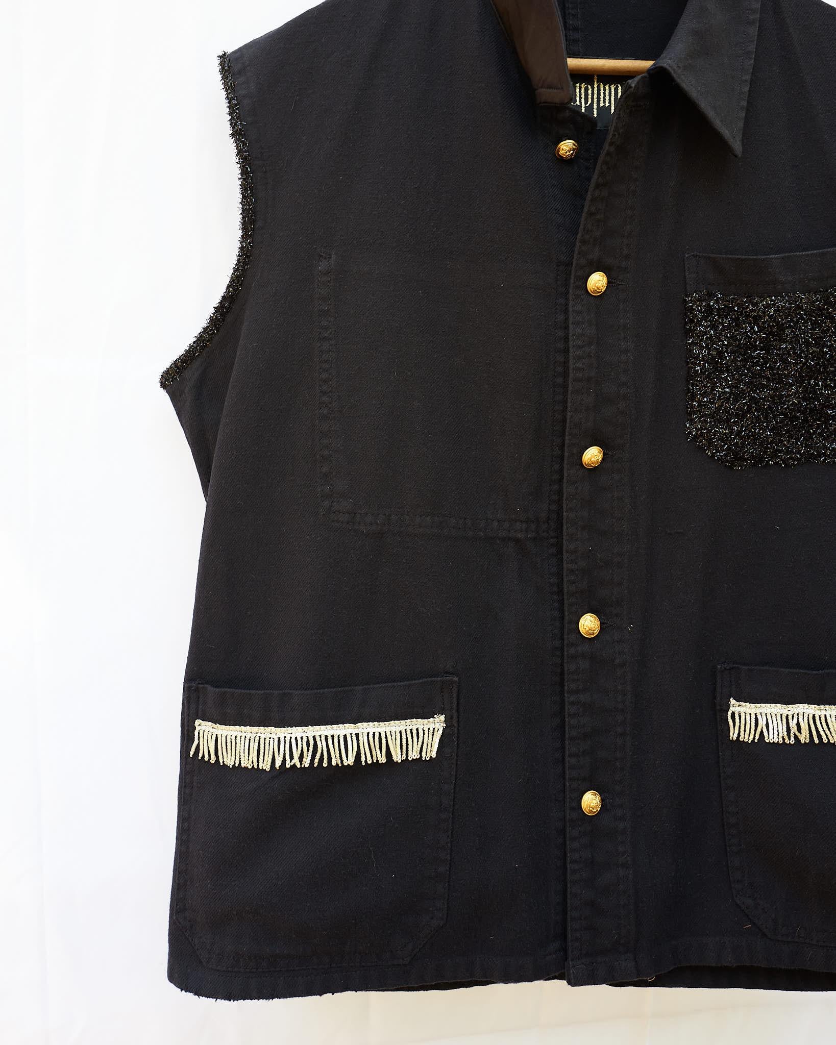 Women's Sleeveless Vest Jacket Black French Work Wear Fringe Embellished J Dauphin