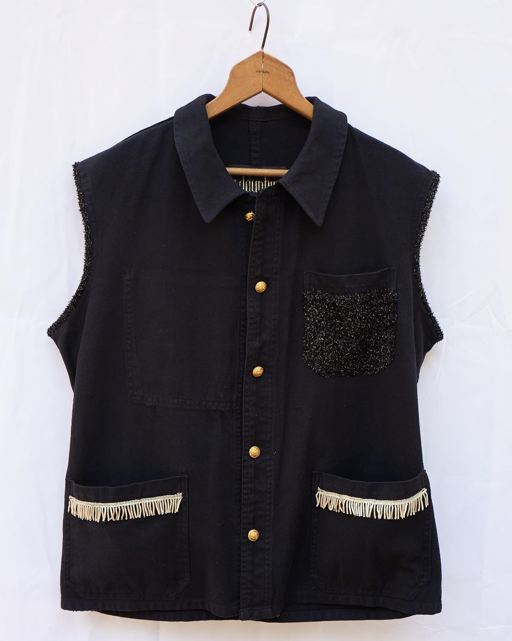 Sleeveless Vest Jacket Black French Work Wear Fringe Embellished J Dauphin 1