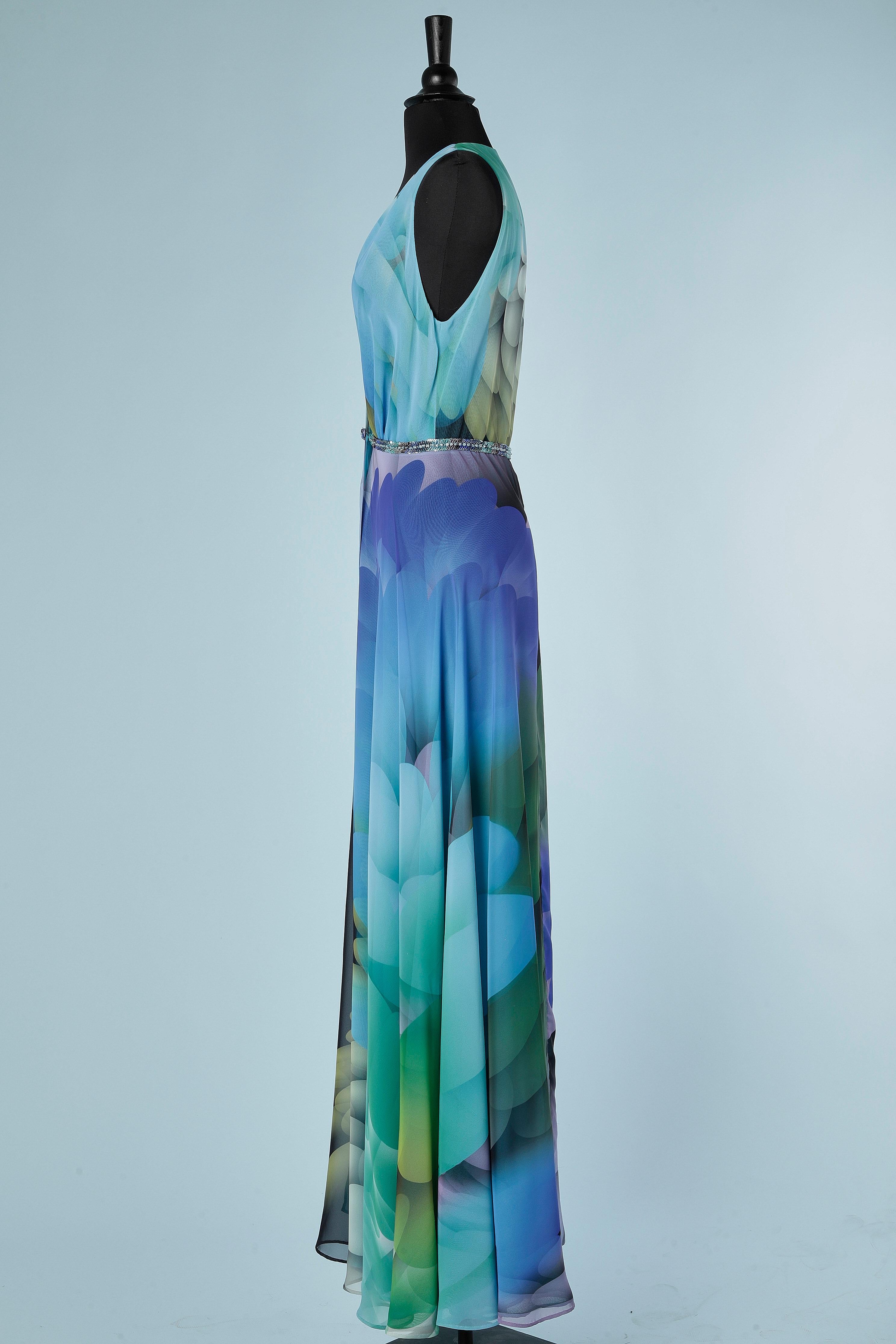 Sleeveless wrapped and printed evening dress with bead work on waist André Laug  For Sale 1