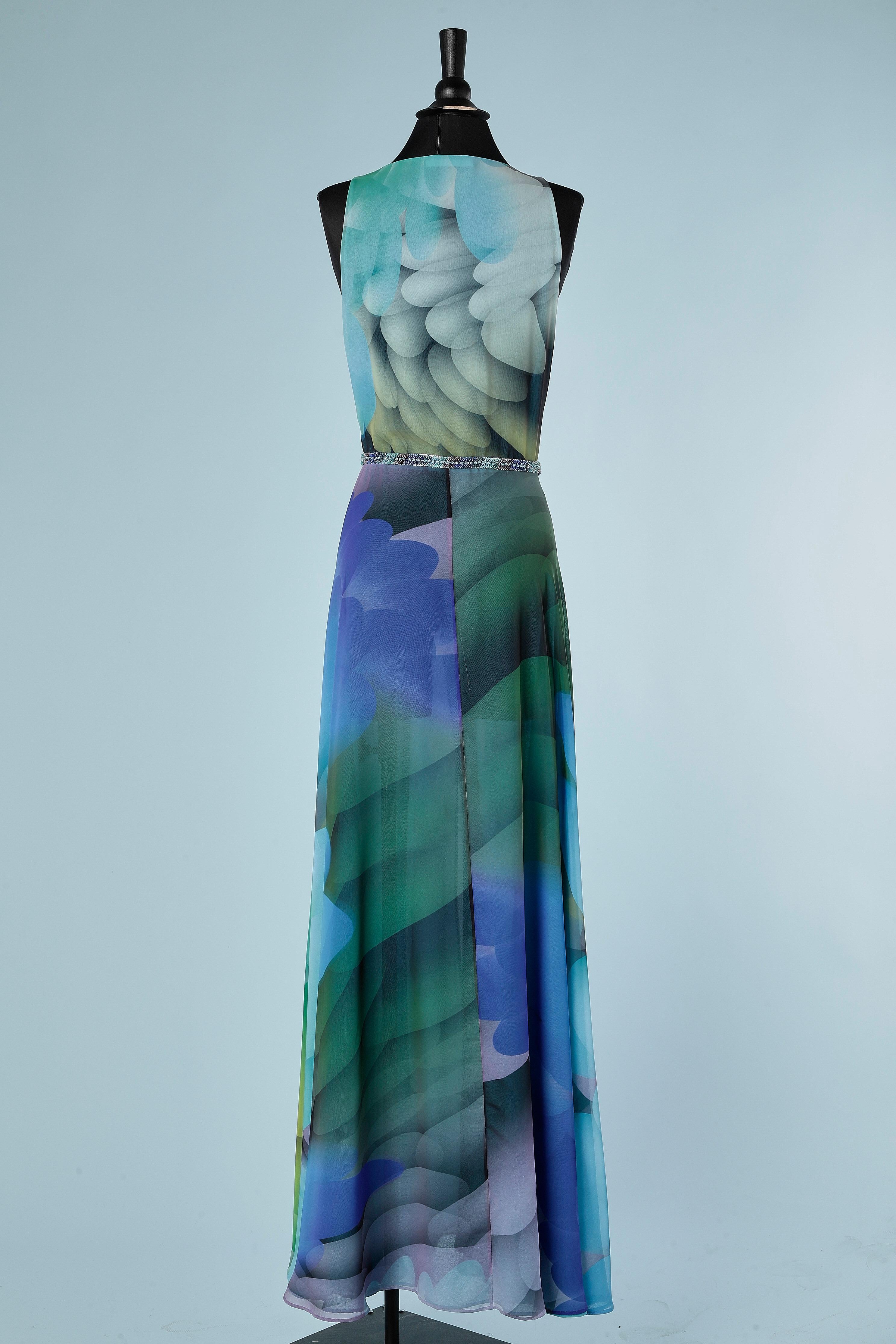 Sleeveless wrapped and printed evening dress with bead work on waist André Laug  For Sale 2