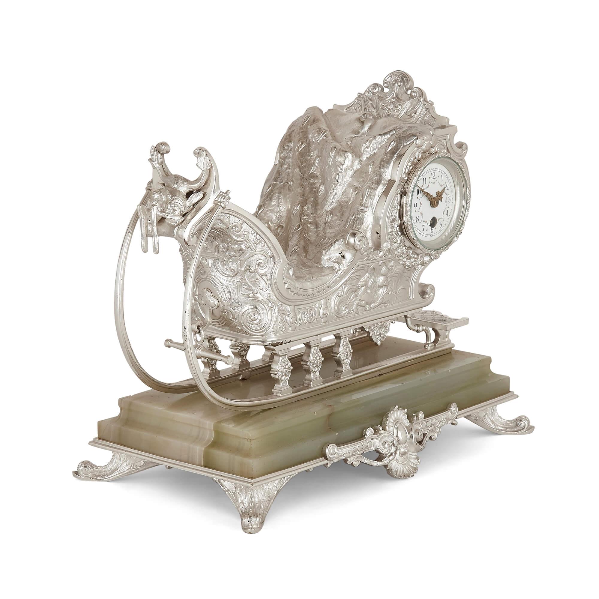 Victorian Sleigh-Form Silvered Bronze and Green Onyx Mantel Clock For Sale