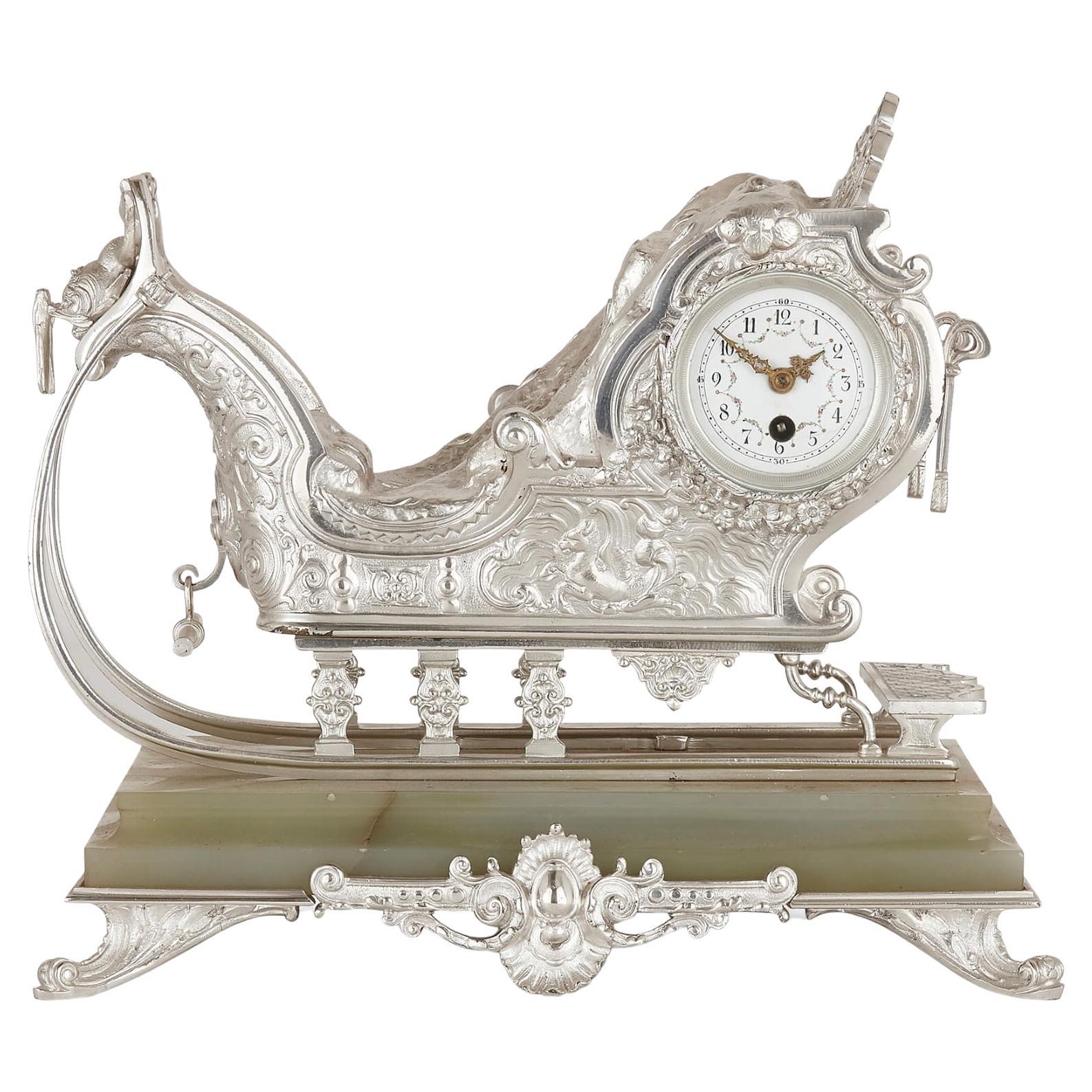 Sleigh-Form Silvered Bronze and Green Onyx Mantel Clock For Sale
