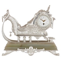 Sleigh-Form Silvered Bronze and Green Onyx Mantel Clock
