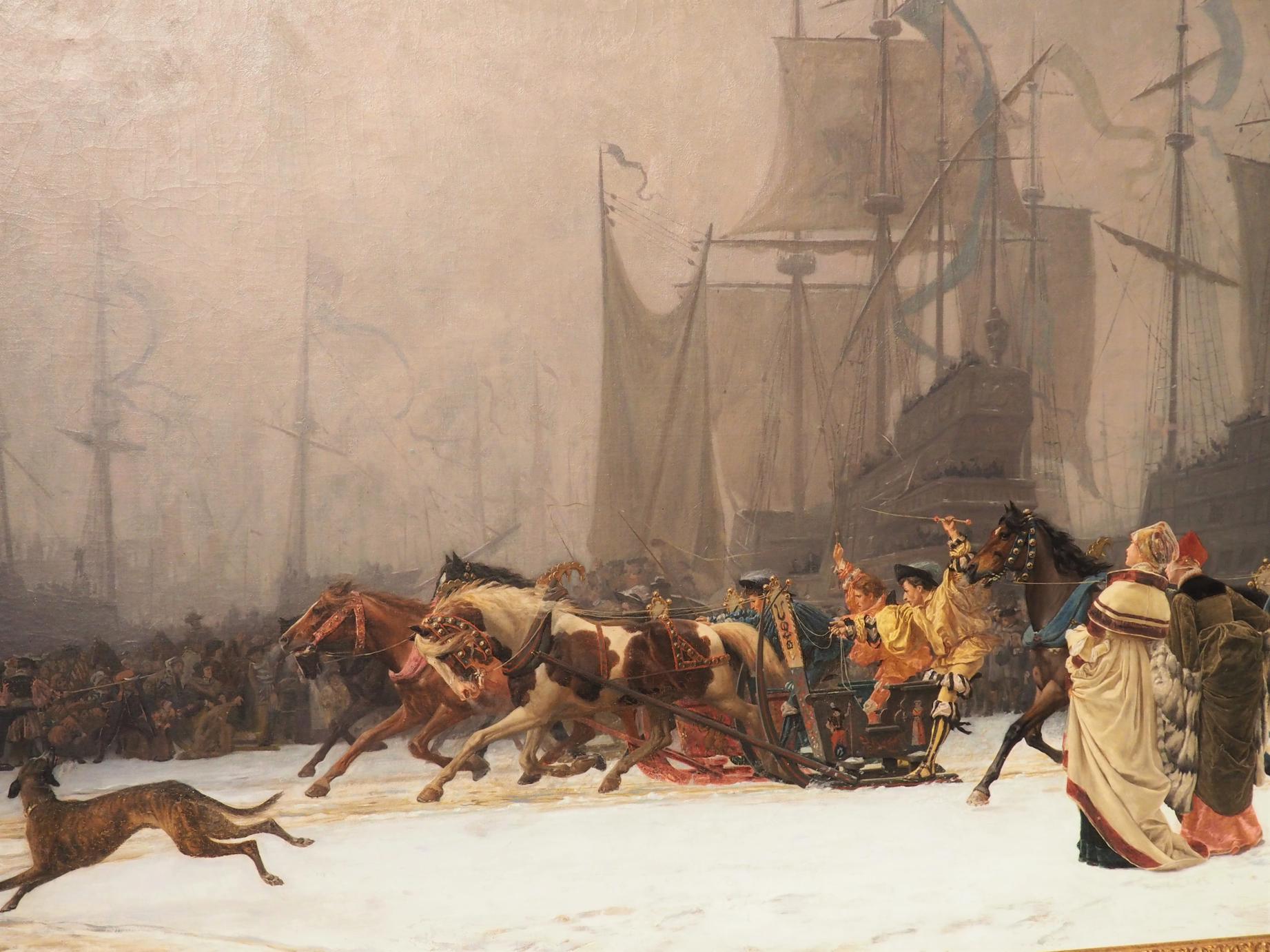 Signed in the lower left of the canvas by the artist (“C. Delort 1873”), this oil on canvas painting depicts a sleigh race at a French harbor. The vibrant painting has exceptional realistic detail and color, as noticed by the high sheen of the